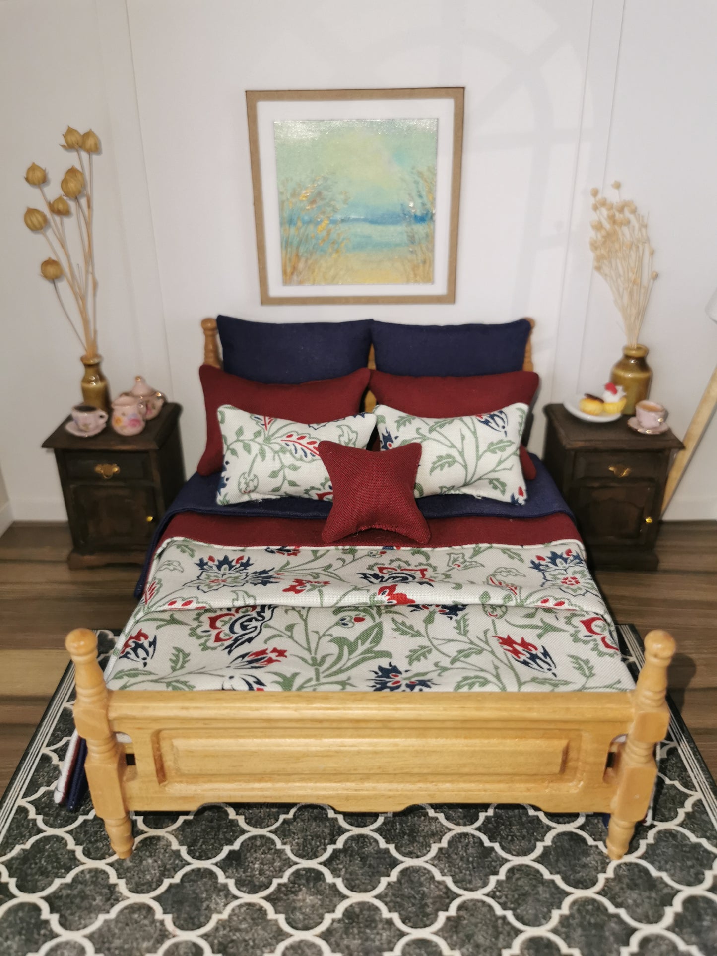 Navy/Wine/Cream Floral Print Bed Linen | 1:12th Scale | Set of 9 | Handmade