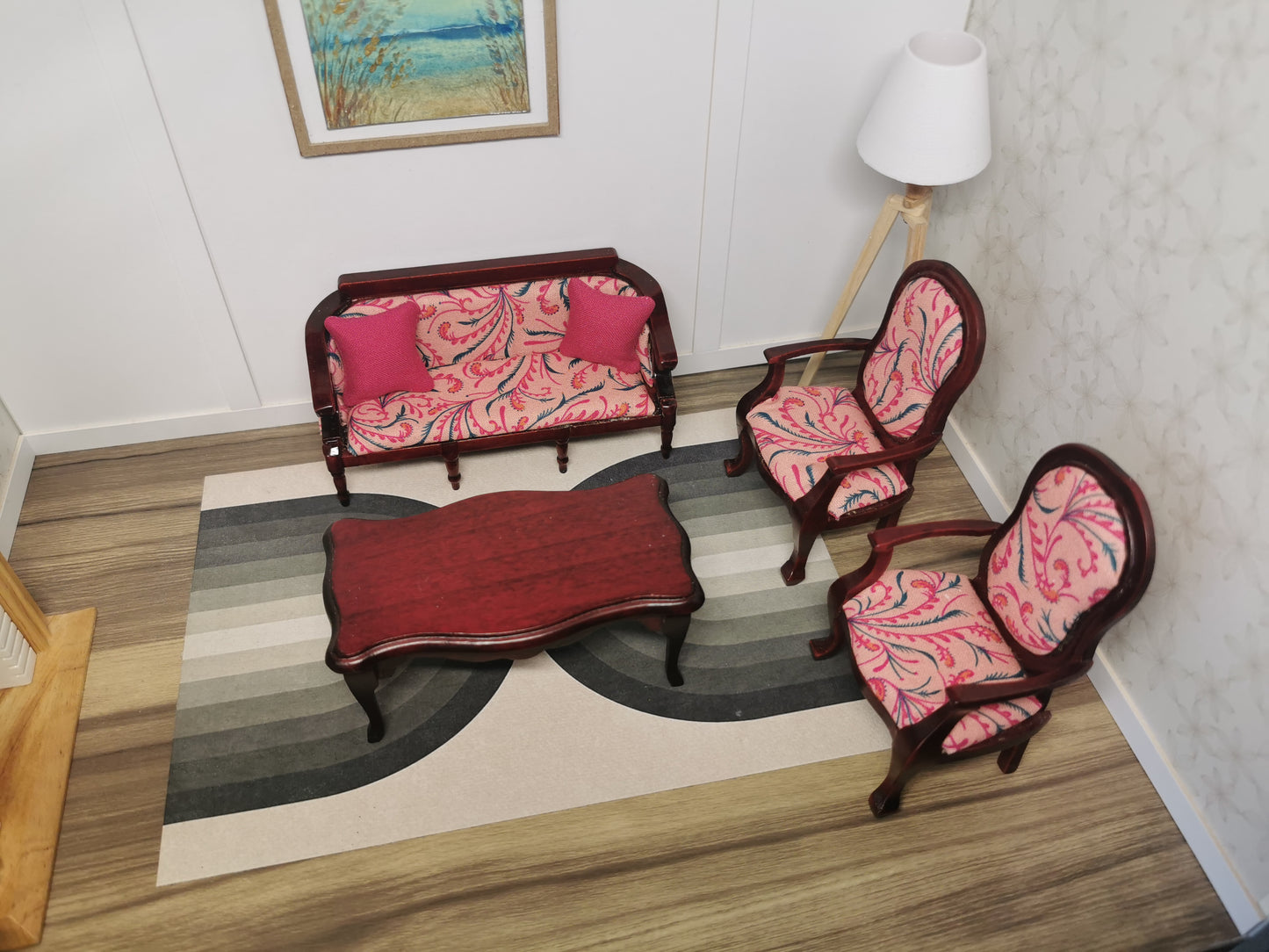 Mahogany Bench & Chairs Set in Pink Floral Print Fabric | 1:12th Scale | Hand Finished