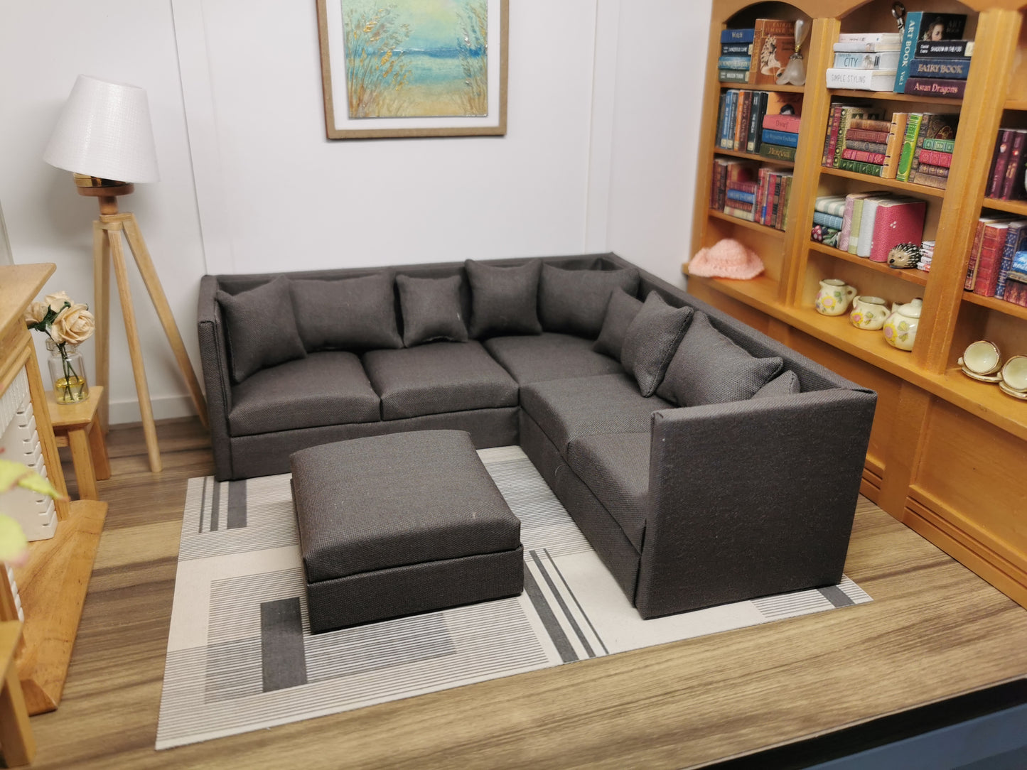 Square Corner Sofa & Ottoman in | 1:12th Scale | Made To Order | Cushions/Pillows included | Handmade