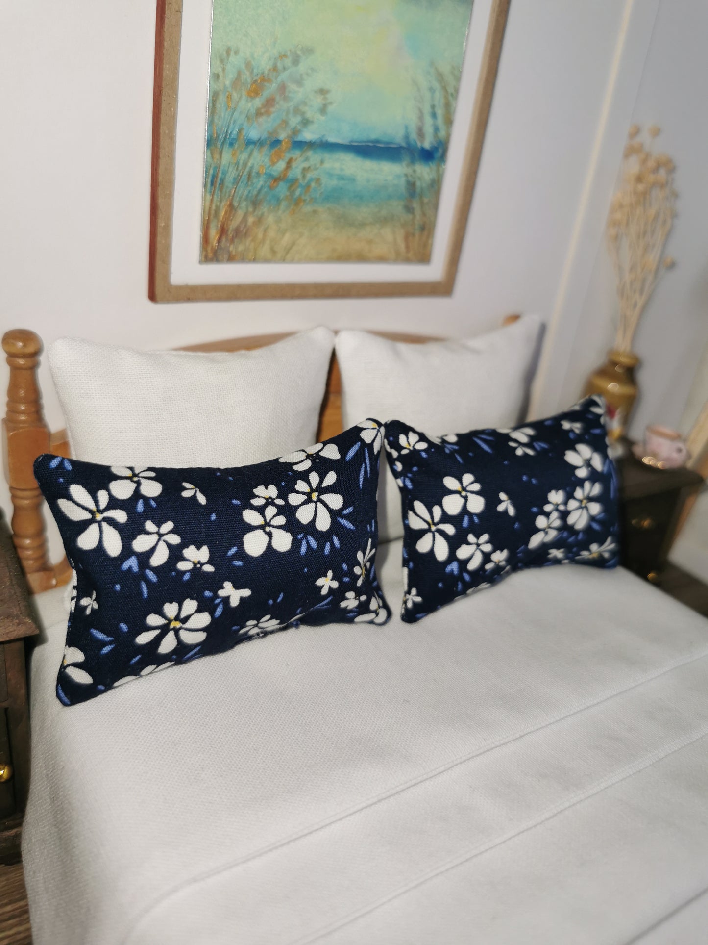 Navy/White Floral Print Pillows | Set of 2 | 1:12th Scale | Handmade