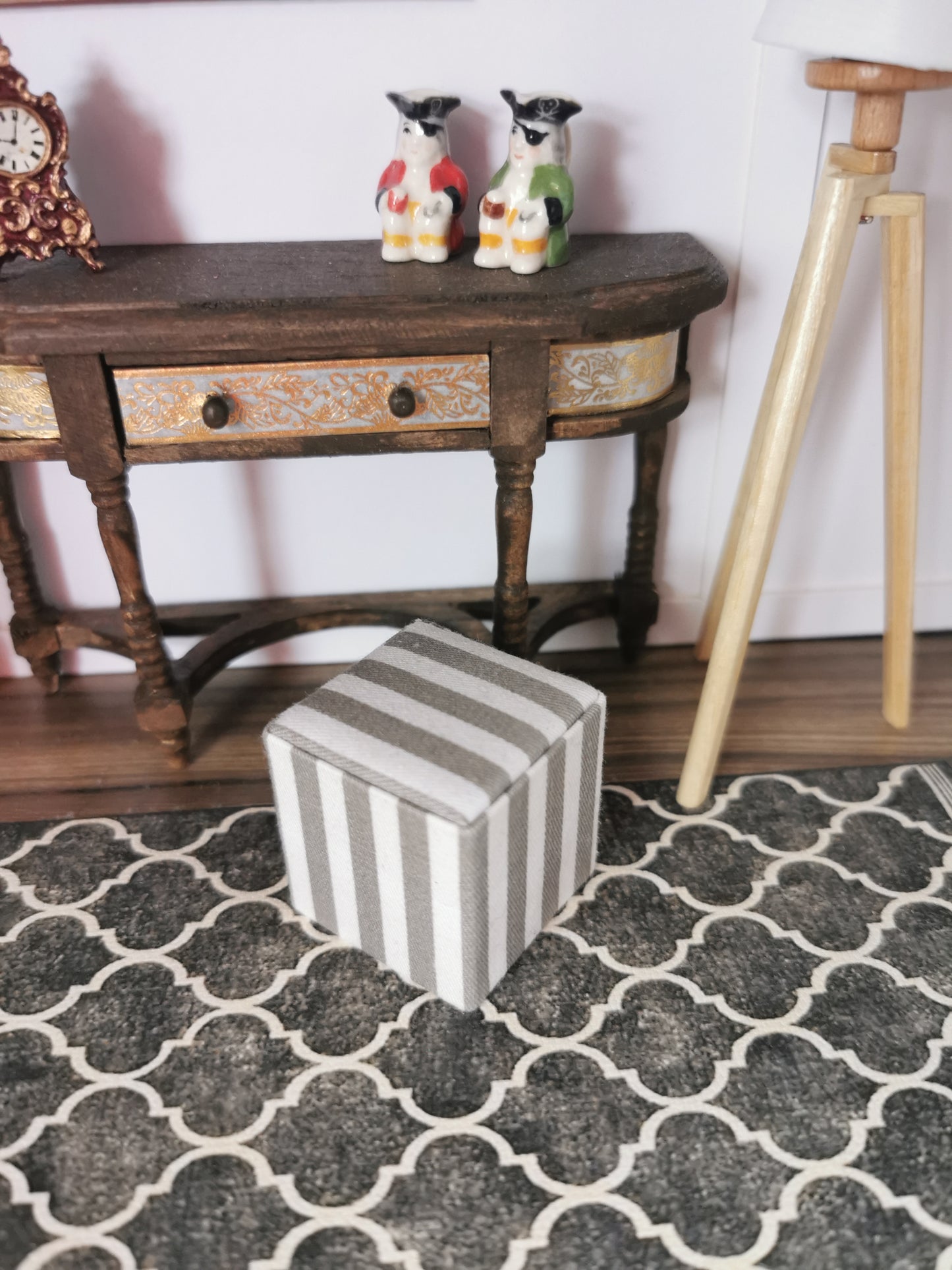 Grey/White Stripe Print Cube Foot Stool | 1:12th Scale | Hand Finished