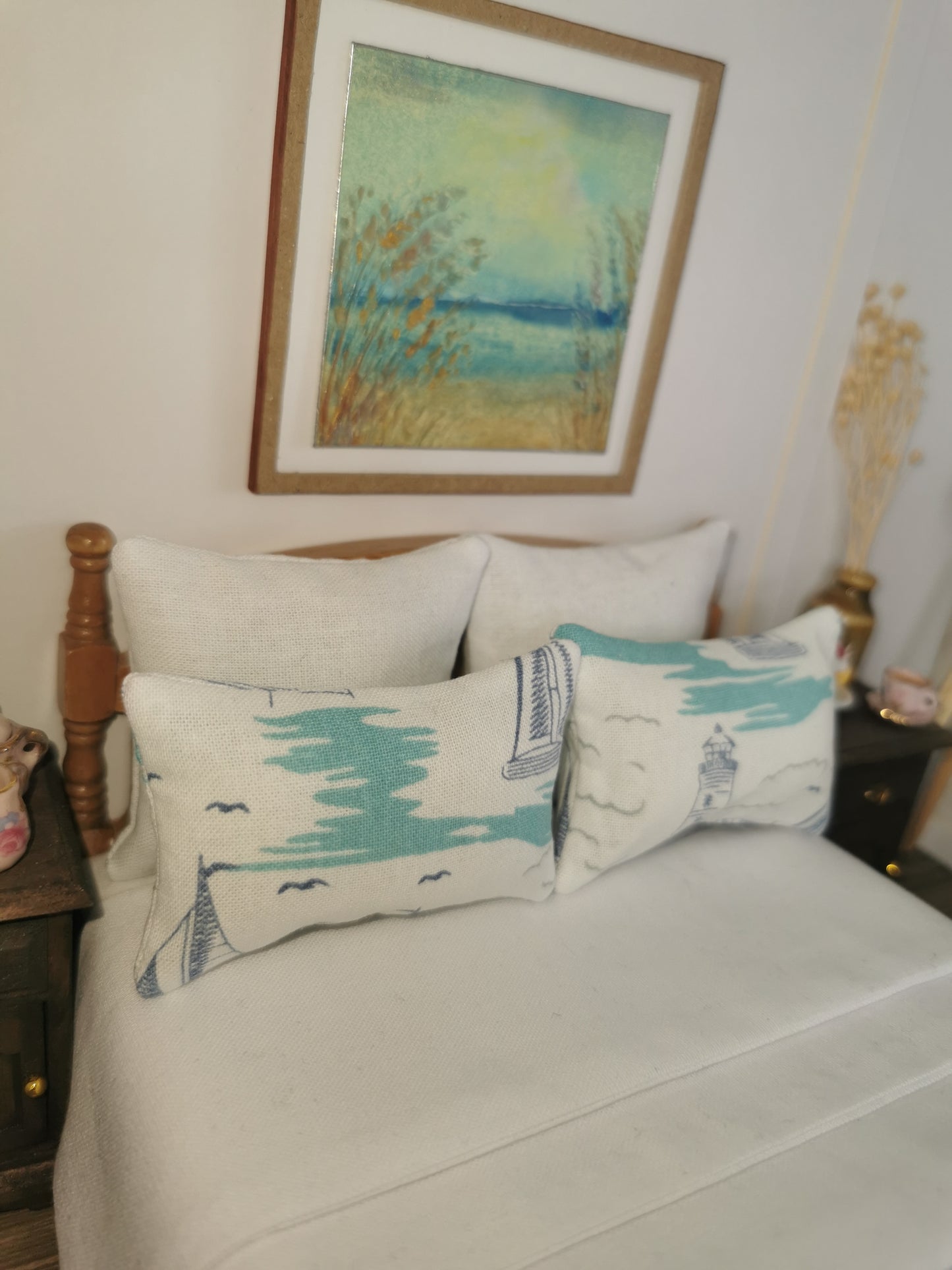 White Boat/Lighthouse Print Pillows | Set of 2 | 1:12th Scale | Handmade