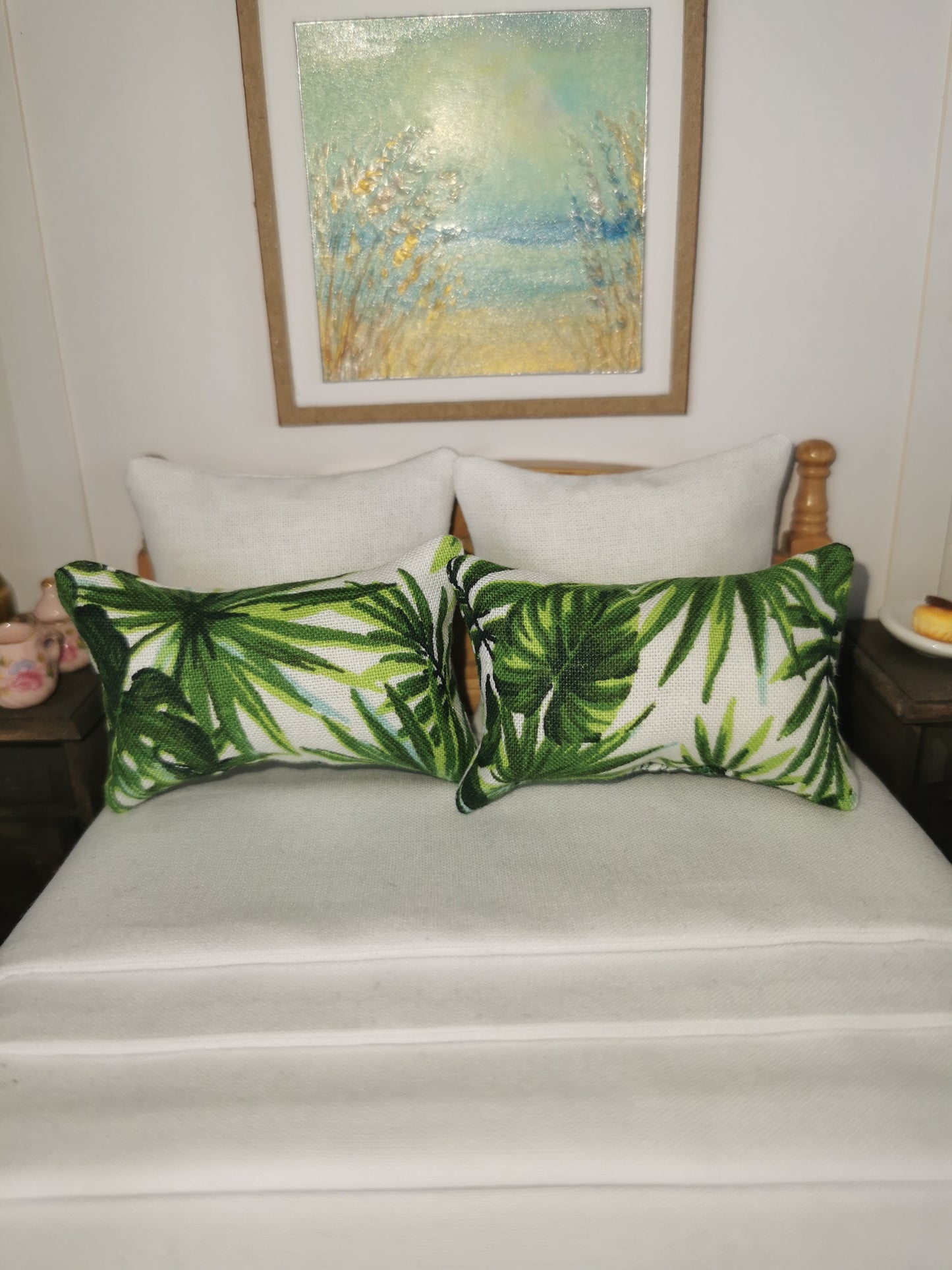 Green/White Leaf Print Pillows | Set of 2 | 1:12th Scale | Handmade