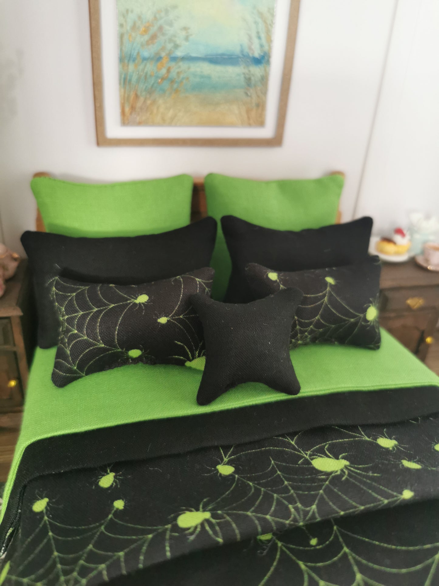 Black/Lime Green Spider Web Halloween Print Bed Linen Set | Set of 9 | 1:12th Scale | Handmade