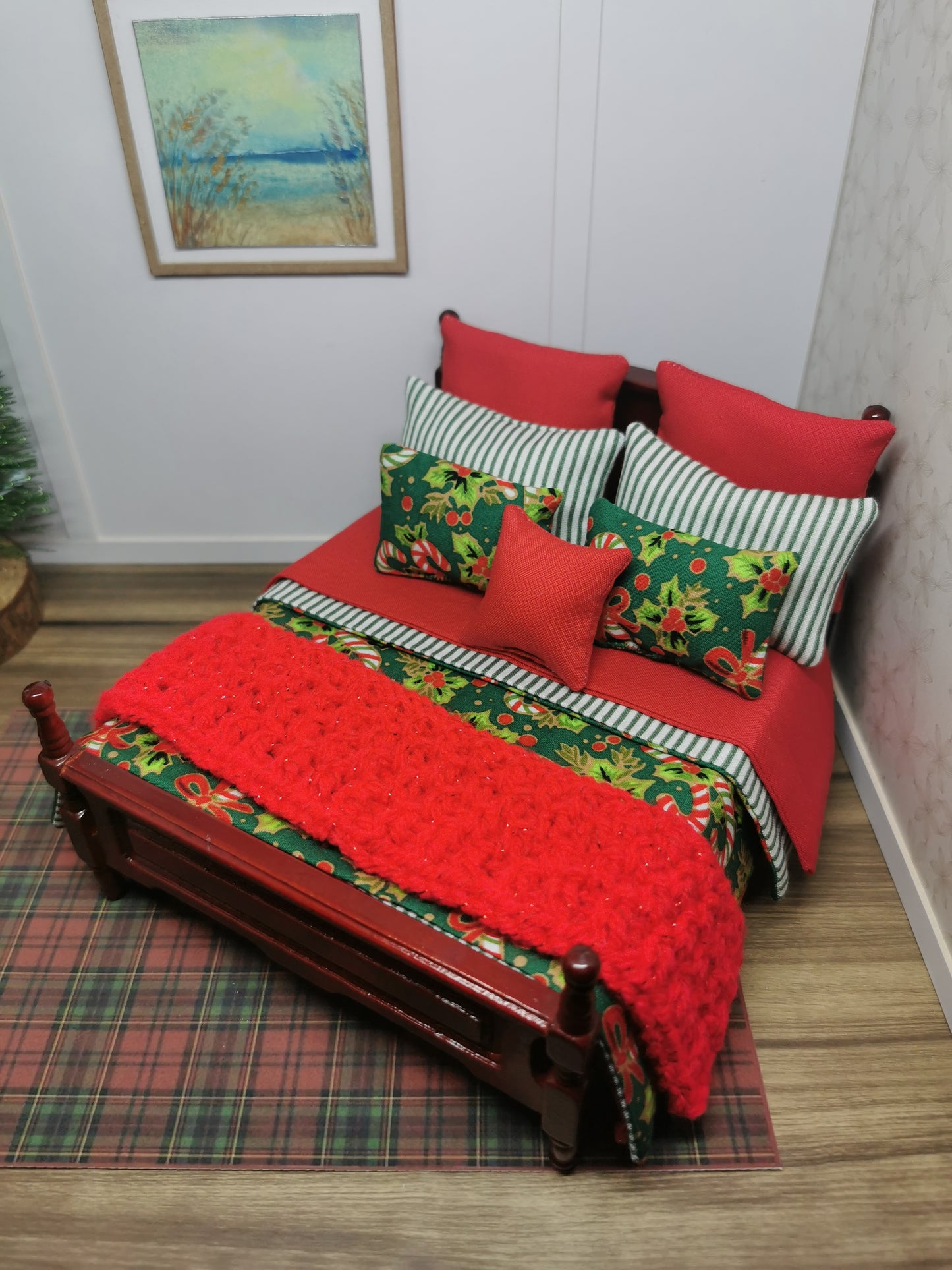 Green Candy Cane Christmas Dressed Bed | 1:12th Scale | Handmade