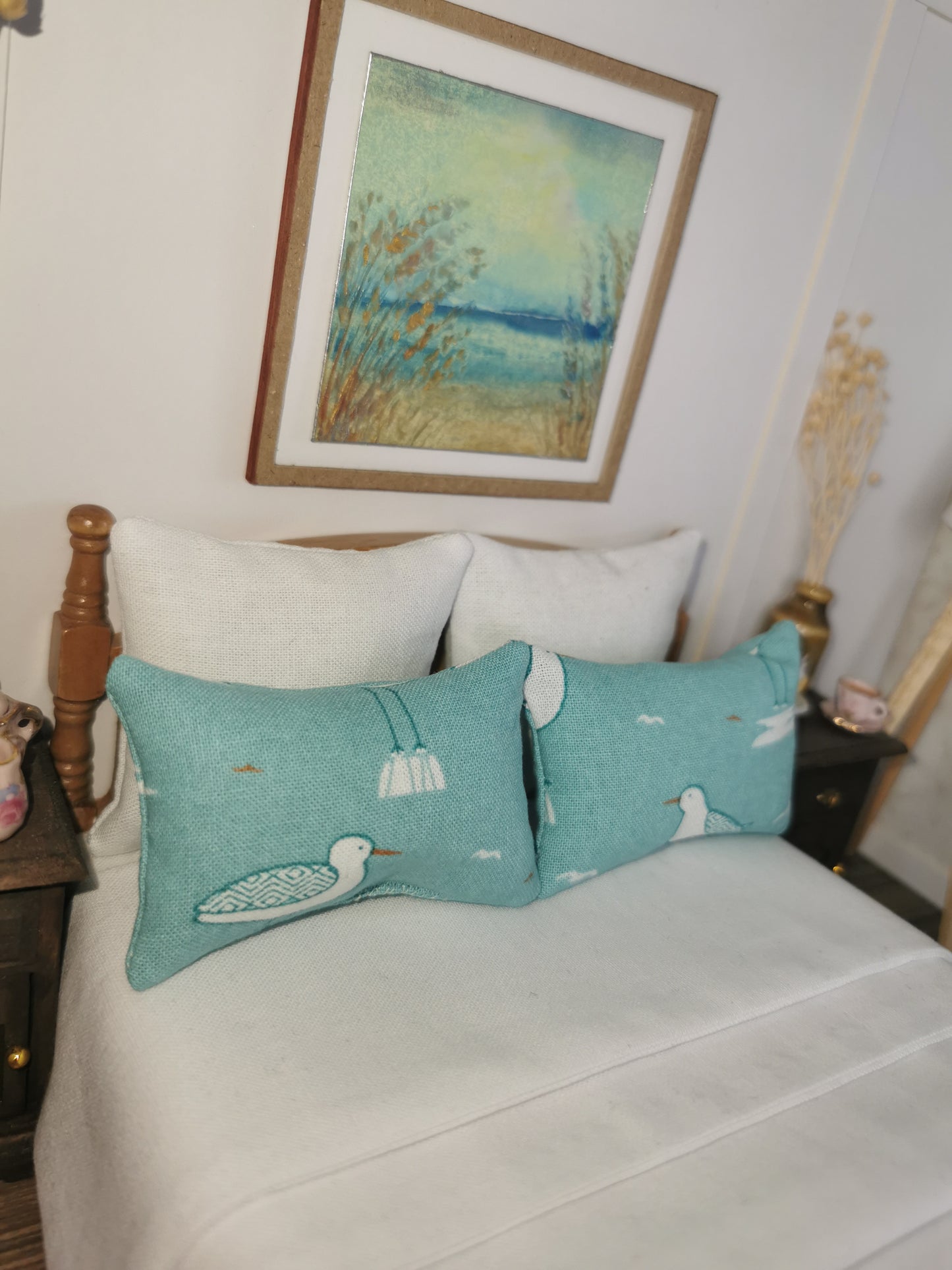 Teal Seagull Print Pillows | Set of 2 | 1:12th Scale | Handmade