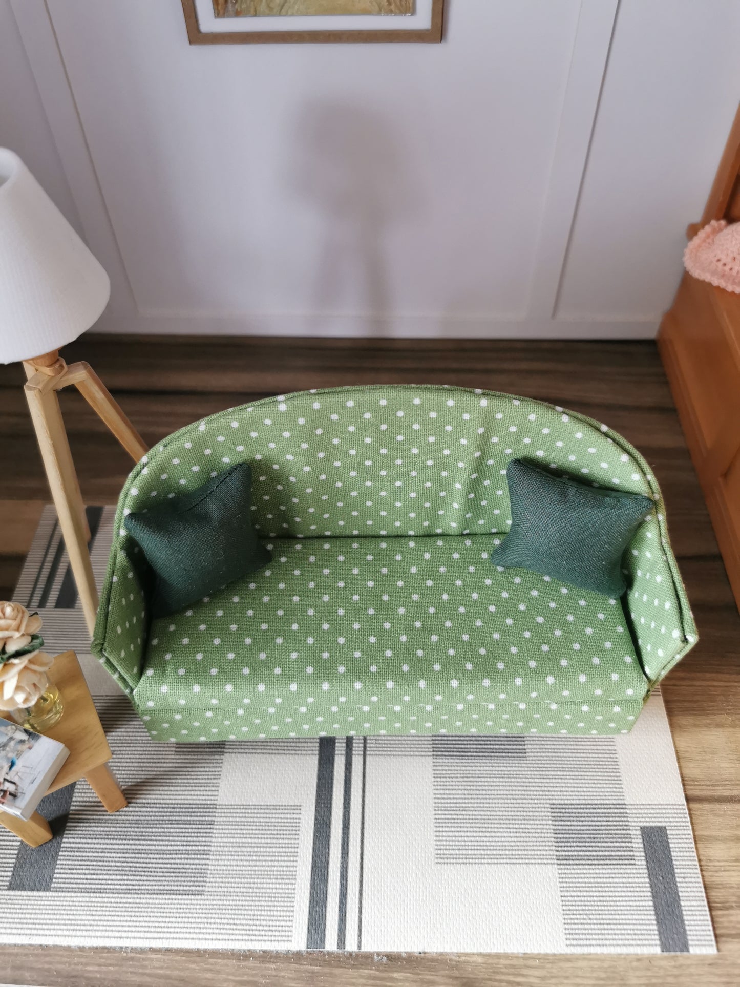 Tub Sofa in Green & White Dotty Print Fabric | 1:12th Scale | Handmade