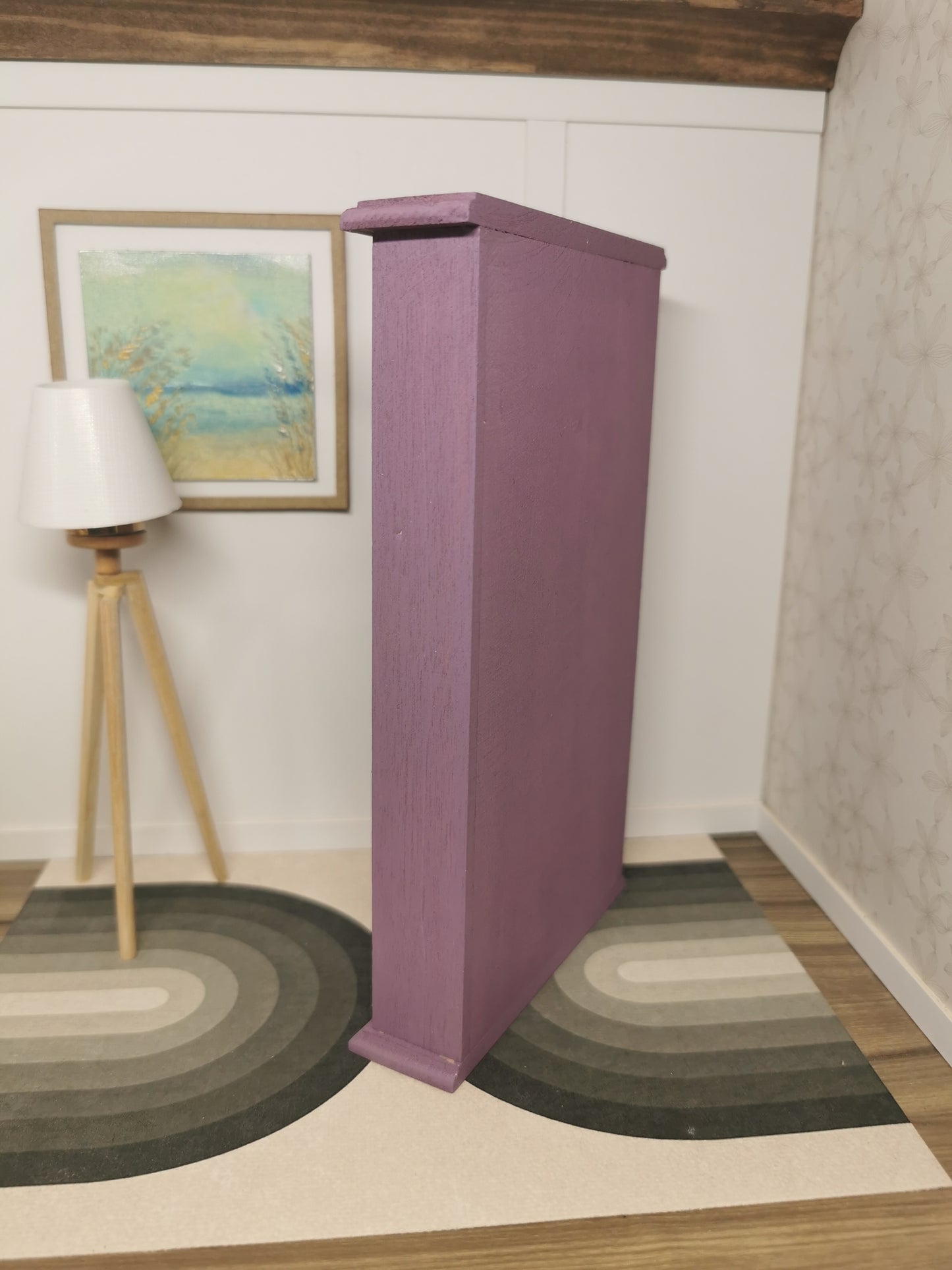 Hand Painted Purple Bookcase with Floral Paper | 1:12th Scale | Hand Finished