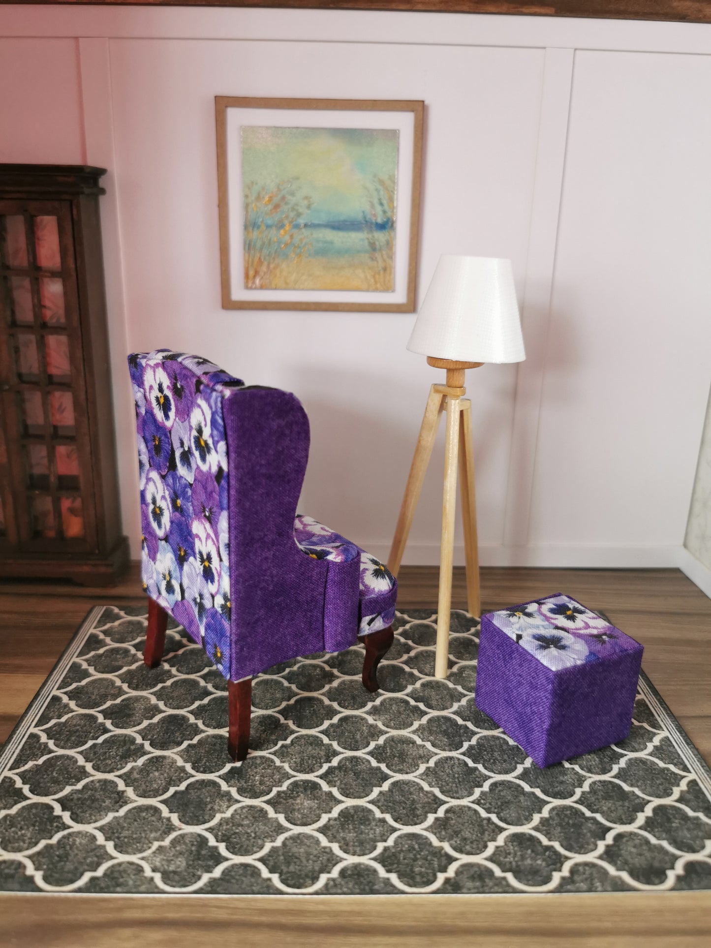 Purple Pansy Wingback Chair & Foot Stool | 1:12th Scale | Hand Finished