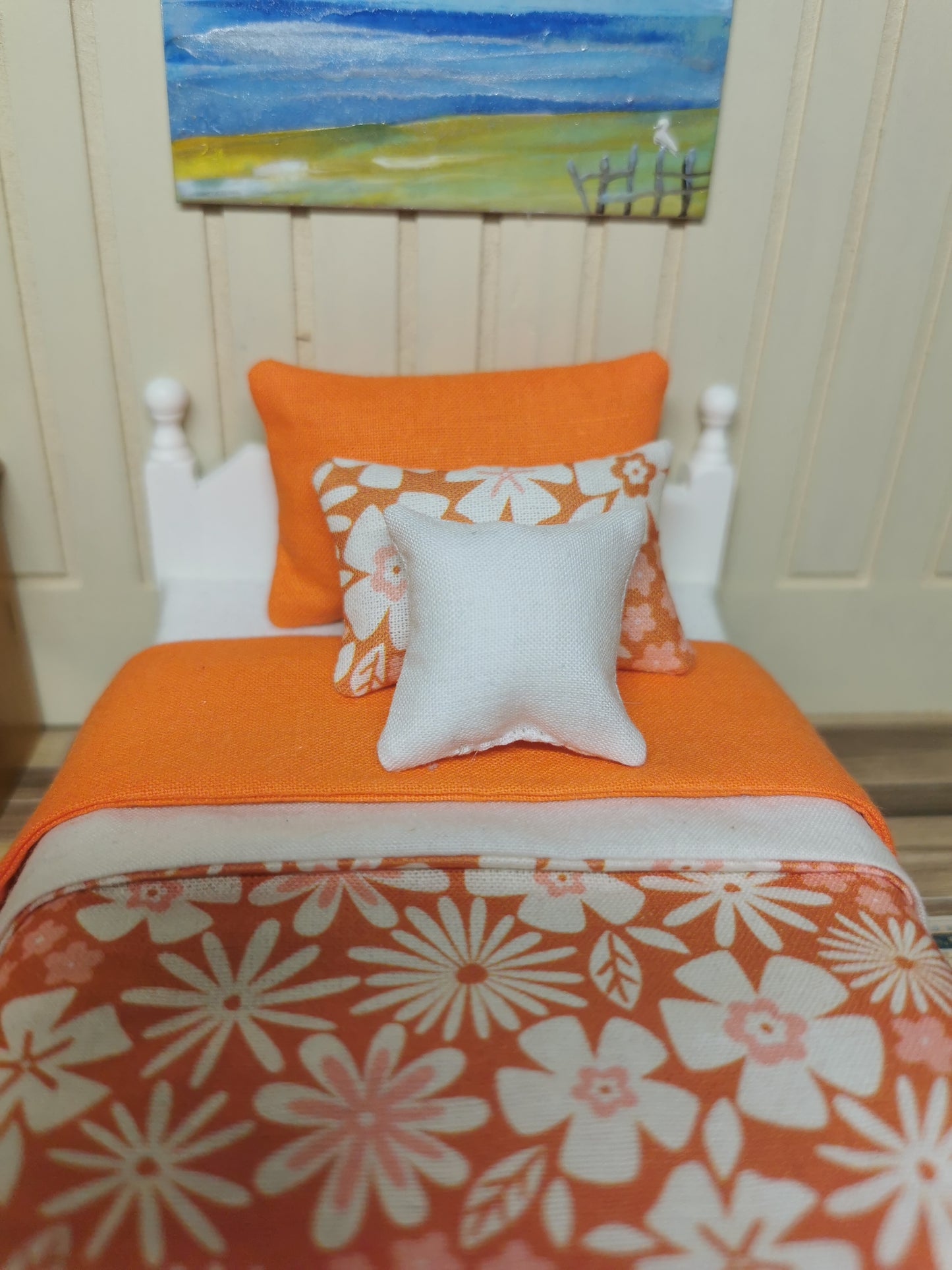 Single Bed in Off White & Orange Floral Print | 1:12th Scale | Hand Finished