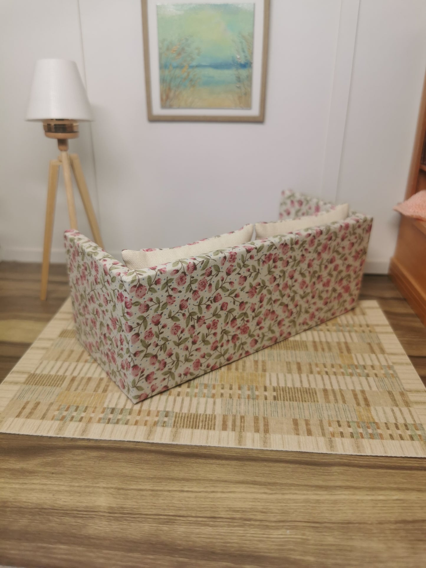 Pink & Cream Floral 2 Seater Sofa | 1:12th Scale | Handmade