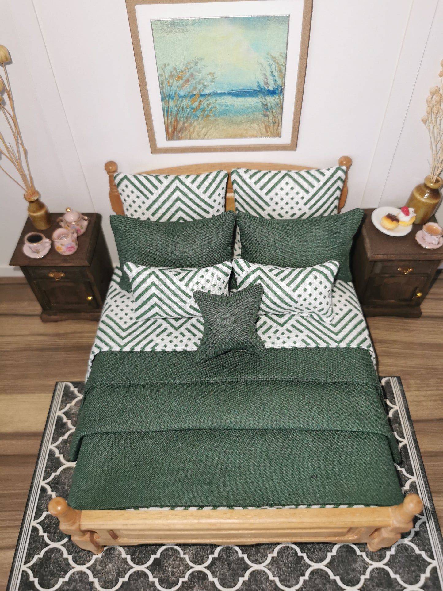 Green/White Geo Print Bed Linen | 1:12th Scale | Set of 9 | Handmade