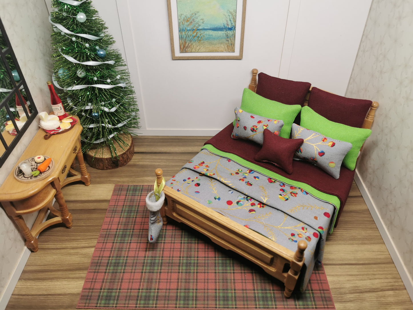 Grey Bauble Christmas Double Bed Linen Set | 1:12th Scale | Handmade