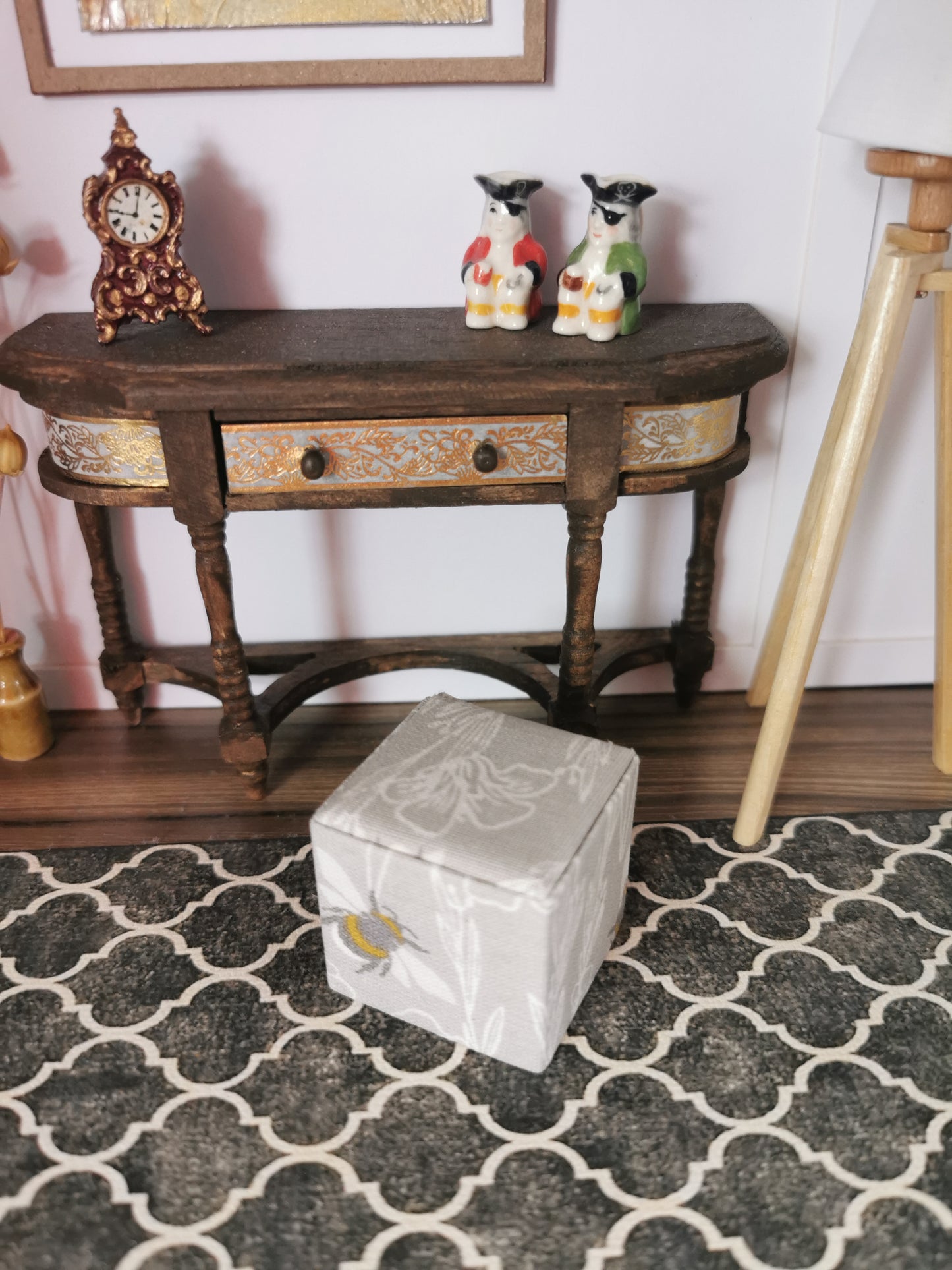 Grey/White Bee Print Cube Foot Stool | 1:12th Scale | Hand Finished