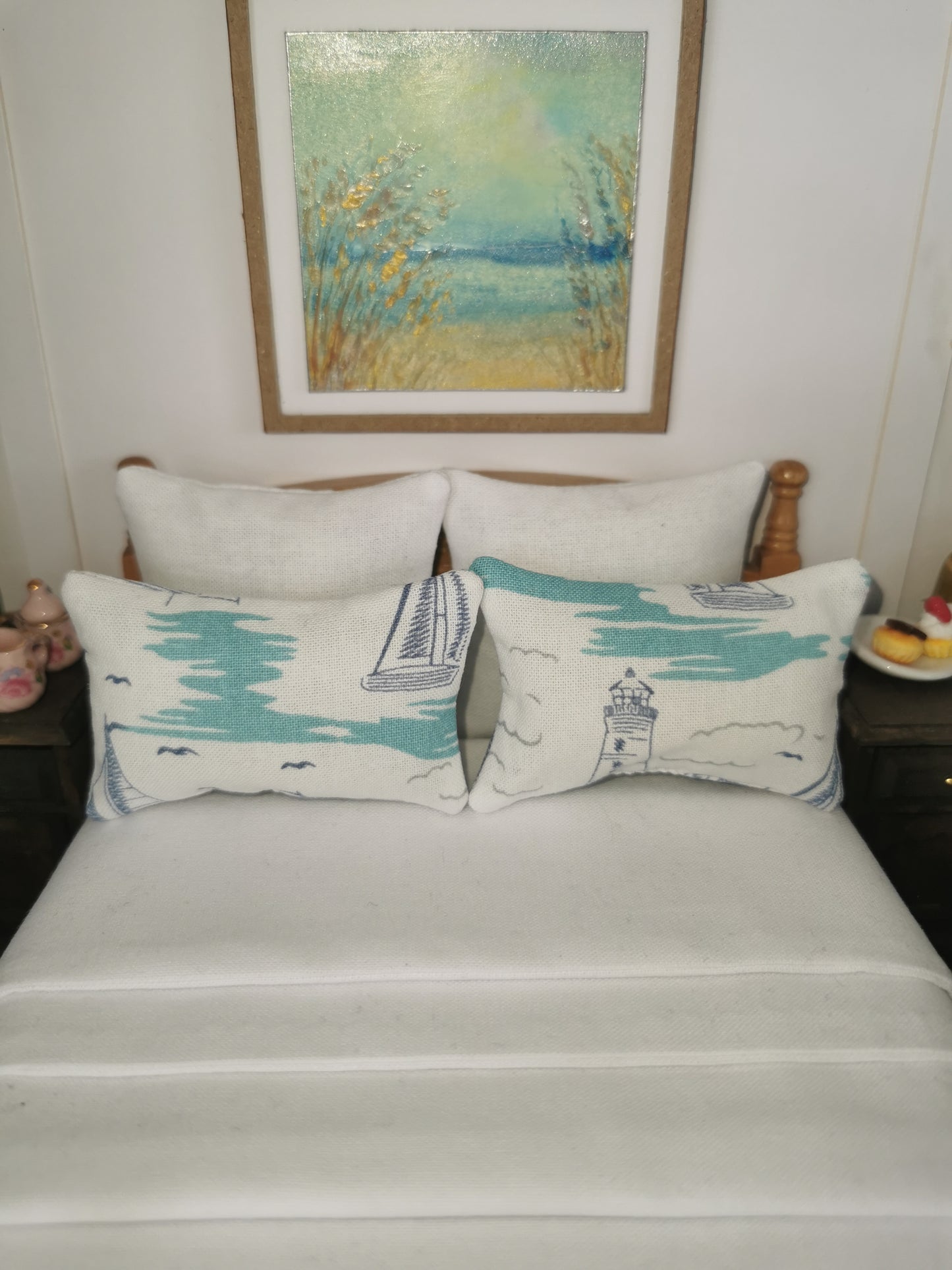 White Boat/Lighthouse Print Pillows | Set of 2 | 1:12th Scale | Handmade