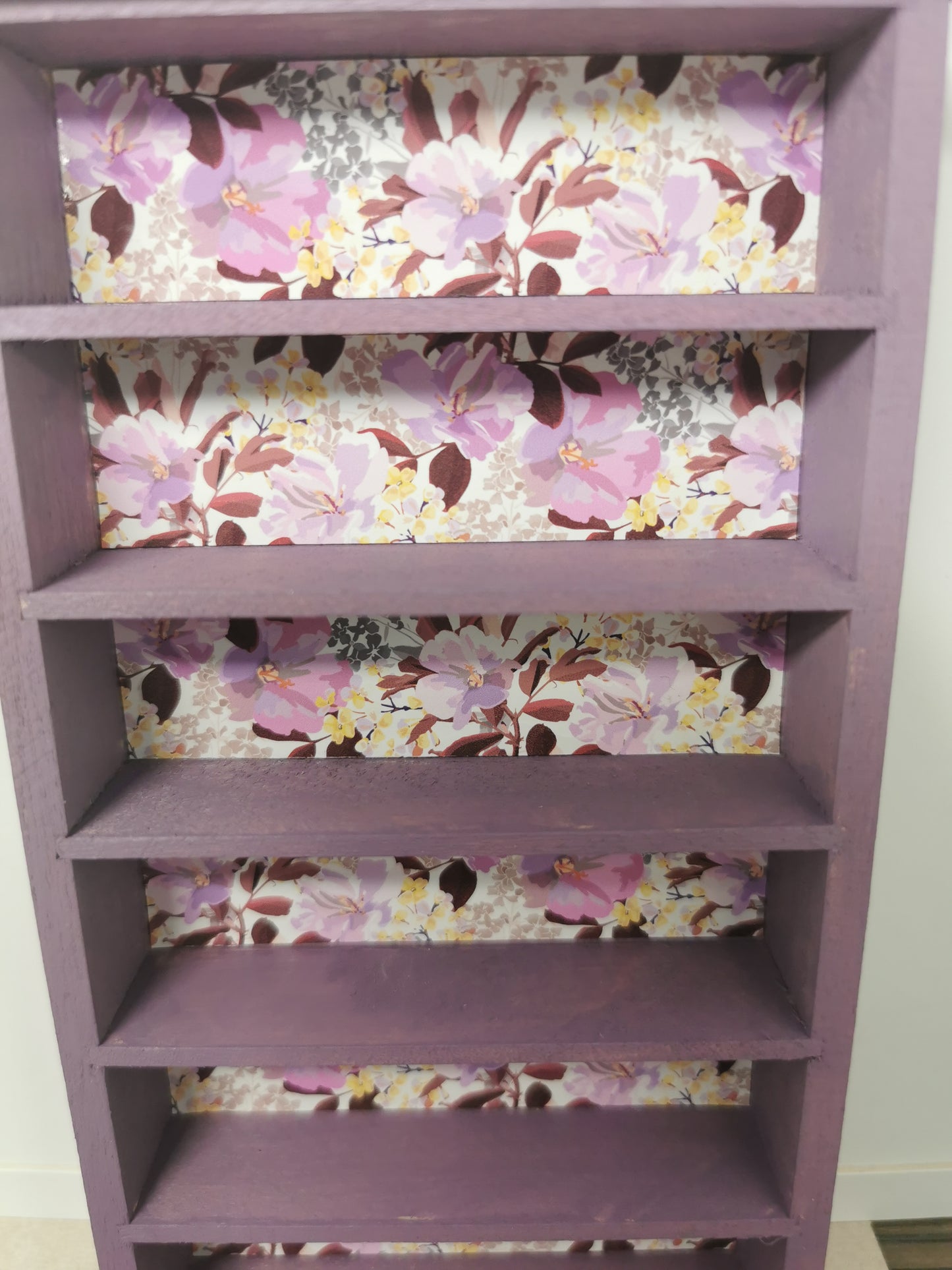 Hand Painted Purple Bookcase with Floral Paper | 1:12th Scale | Hand Finished