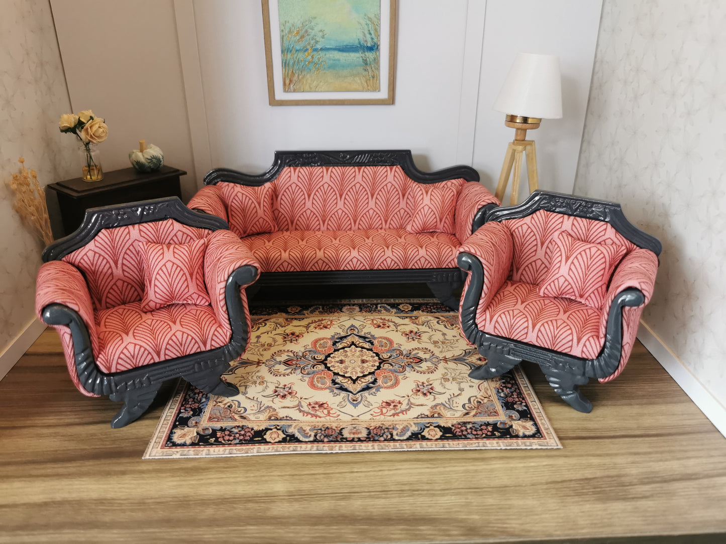 Art Deco Sofa & Chair Set in Grey & Pink | 1:12th Scale