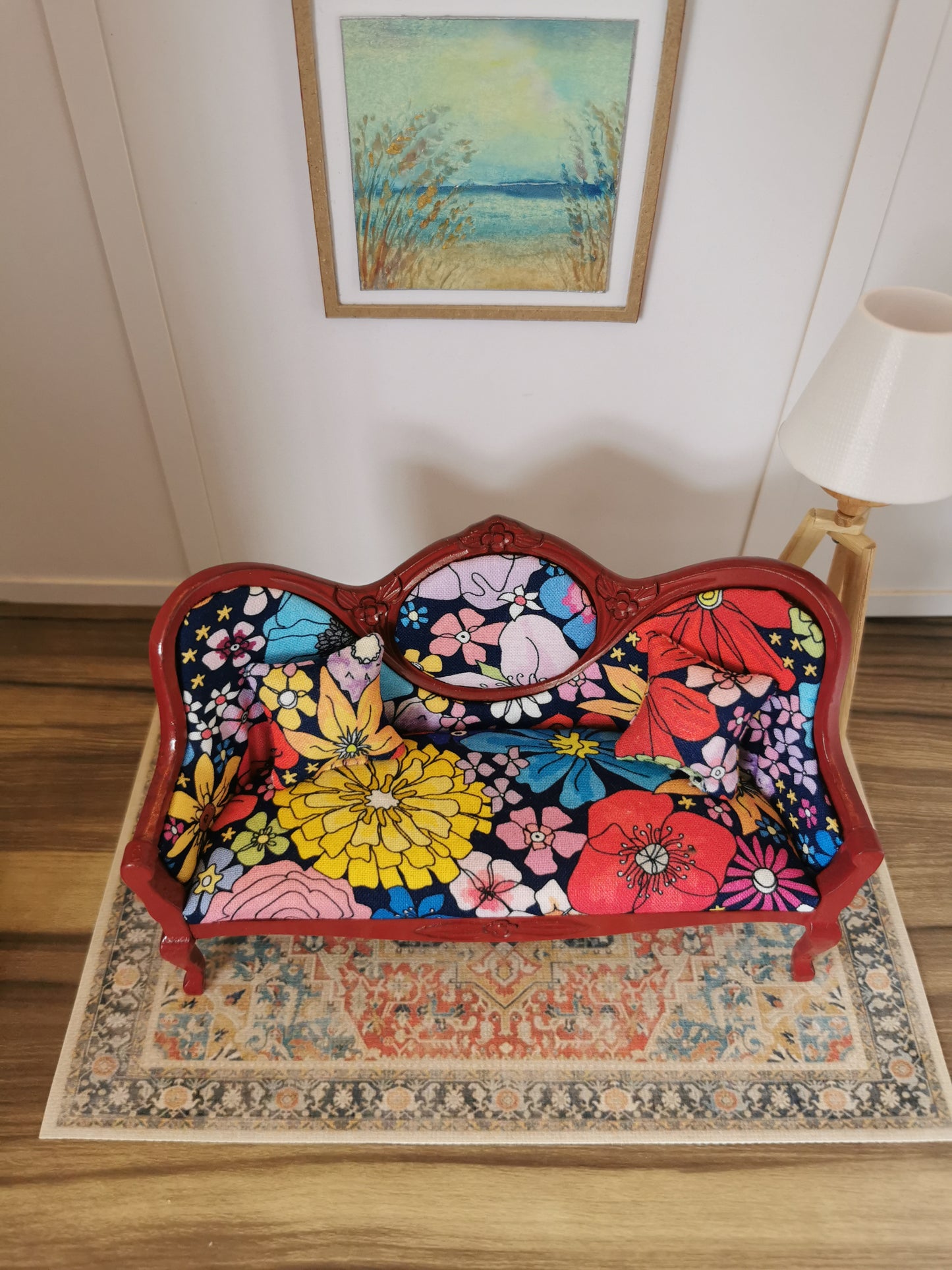 Sofa in Red & Navy Bright Floral | 1:12th Scale
