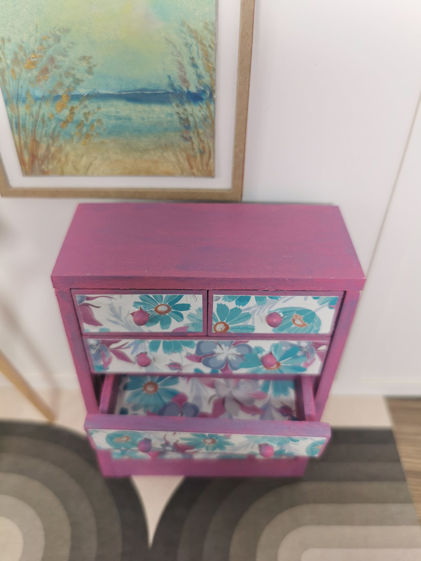 Chest of Drawers in Purple & Teal Floral | 1:12th Scale | Hand-Finished