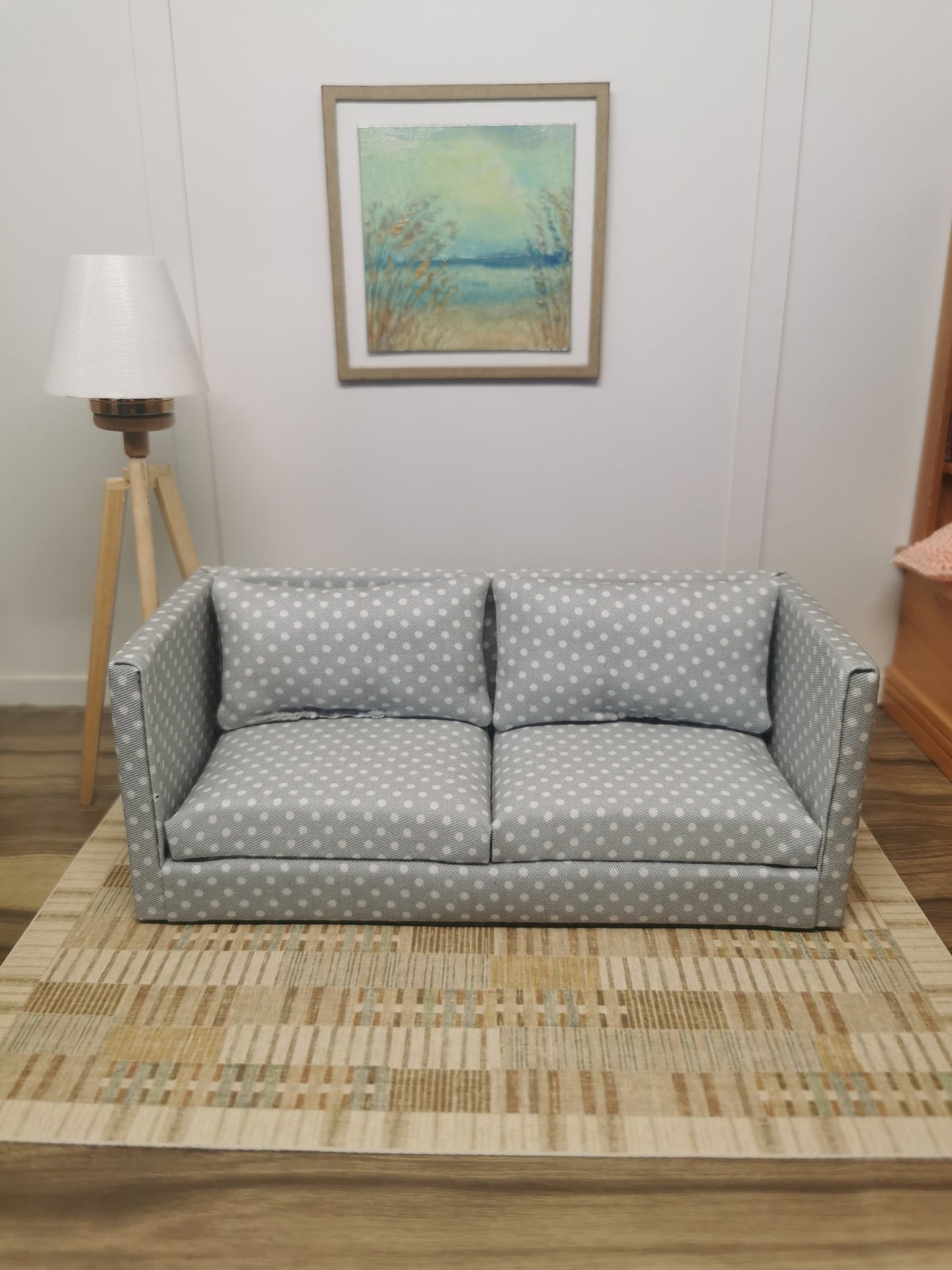 Grey & White Spot 2 Seater Sofa | 1:12th Scale | Handmade