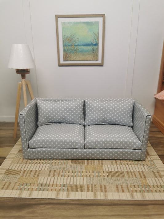 Grey & White Spot 2 Seater Sofa | 1:12th Scale | Handmade