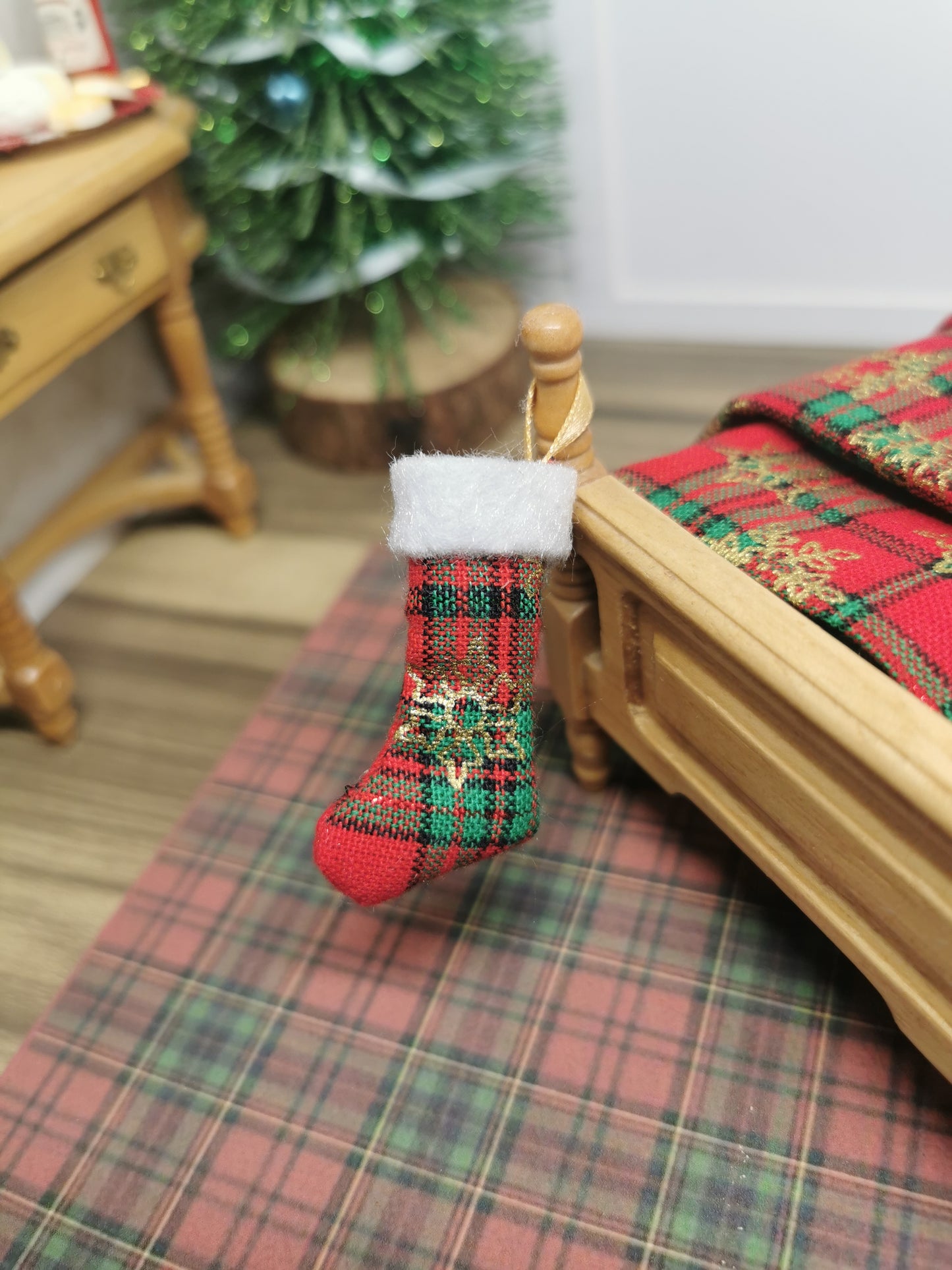 Tartan & Gold Snowflake Christmas Stocking | 1:12th Scale | Handmade