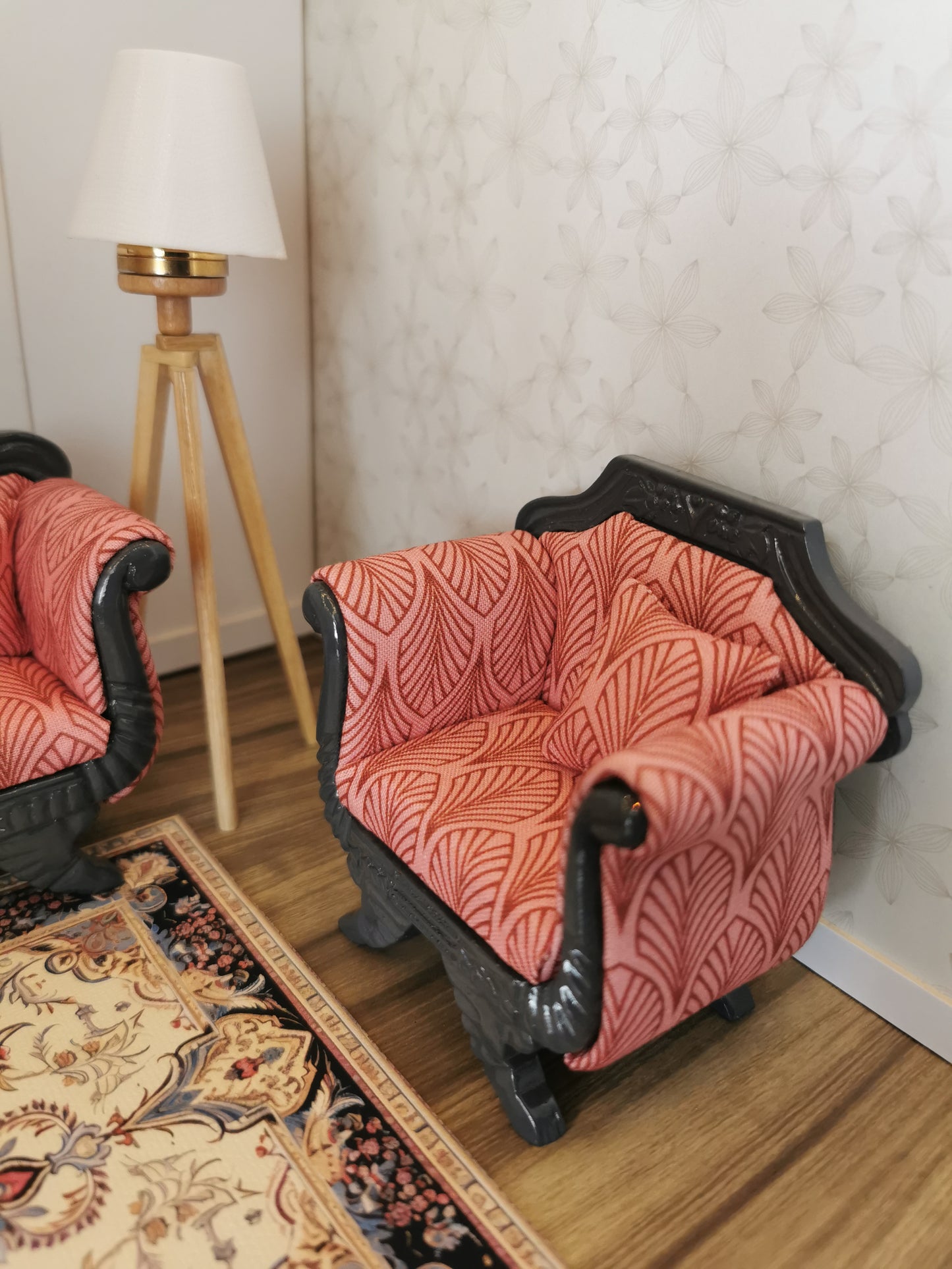 Art Deco Sofa & Chair Set in Grey & Pink | 1:12th Scale