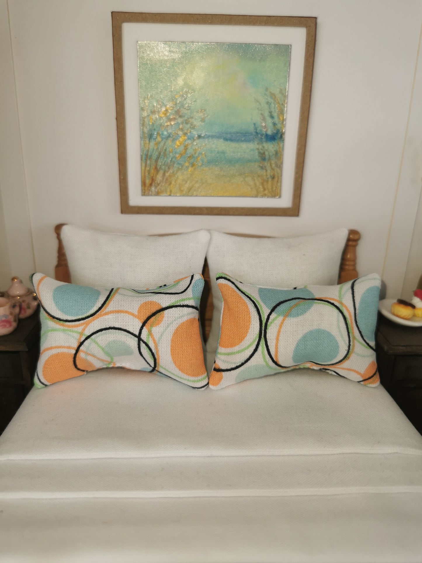 White/Aqua/Peach Retro Print Pillows | Set of 2 | 1:12th Scale | Handmade