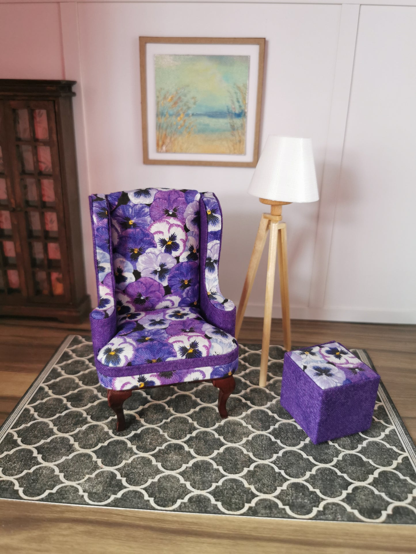 Purple Pansy Wingback Chair & Foot Stool | 1:12th Scale | Hand Finished