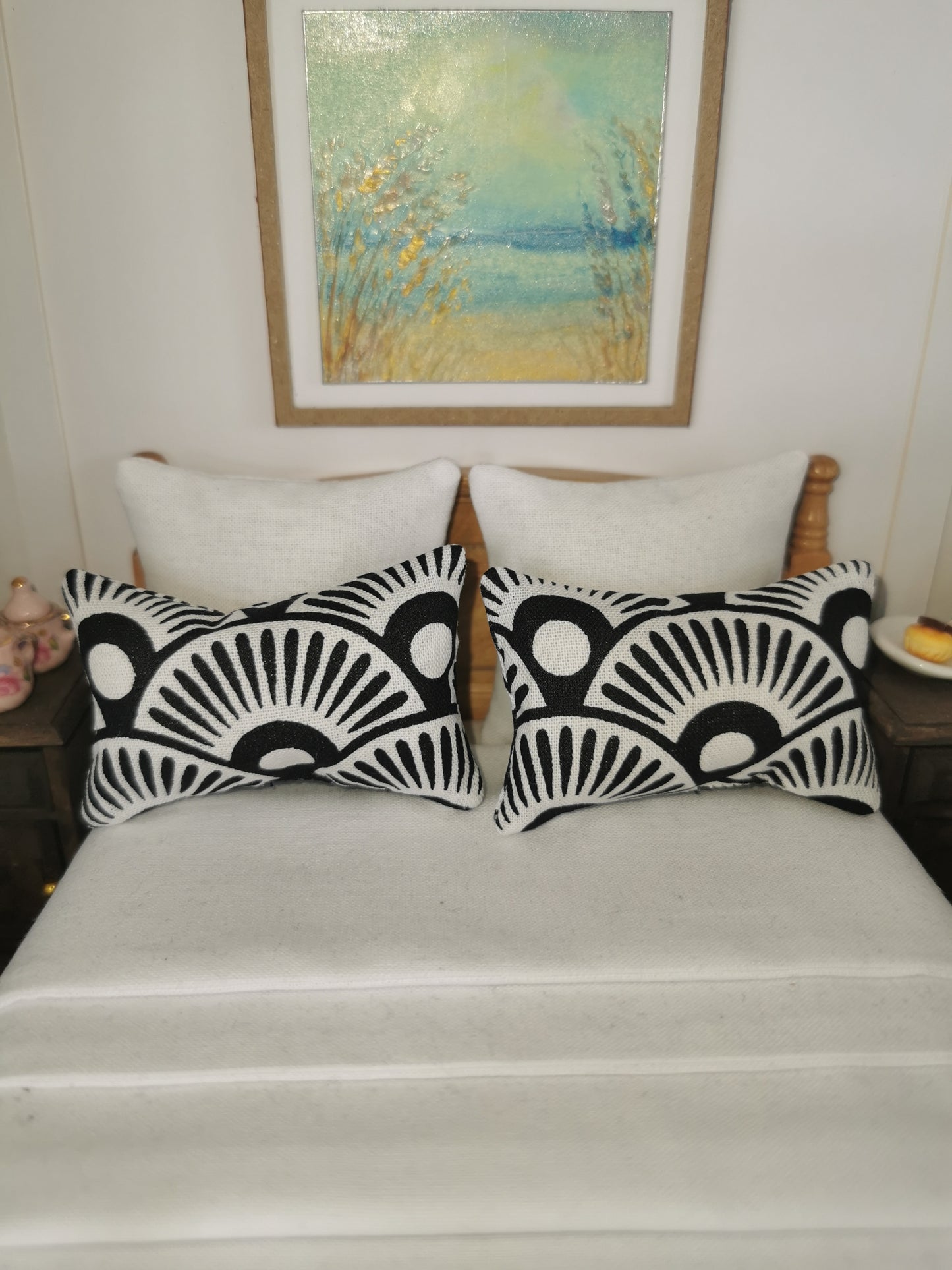 White/Black Fan Print Pillows | Set of 2 | 1:12th Scale | Handmade