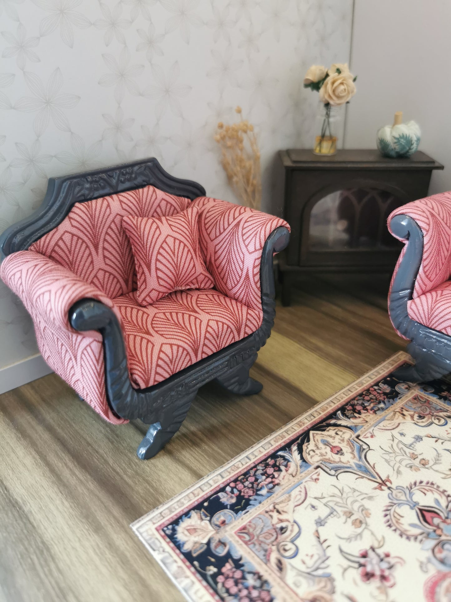 Art Deco Sofa & Chair Set in Grey & Pink | 1:12th Scale