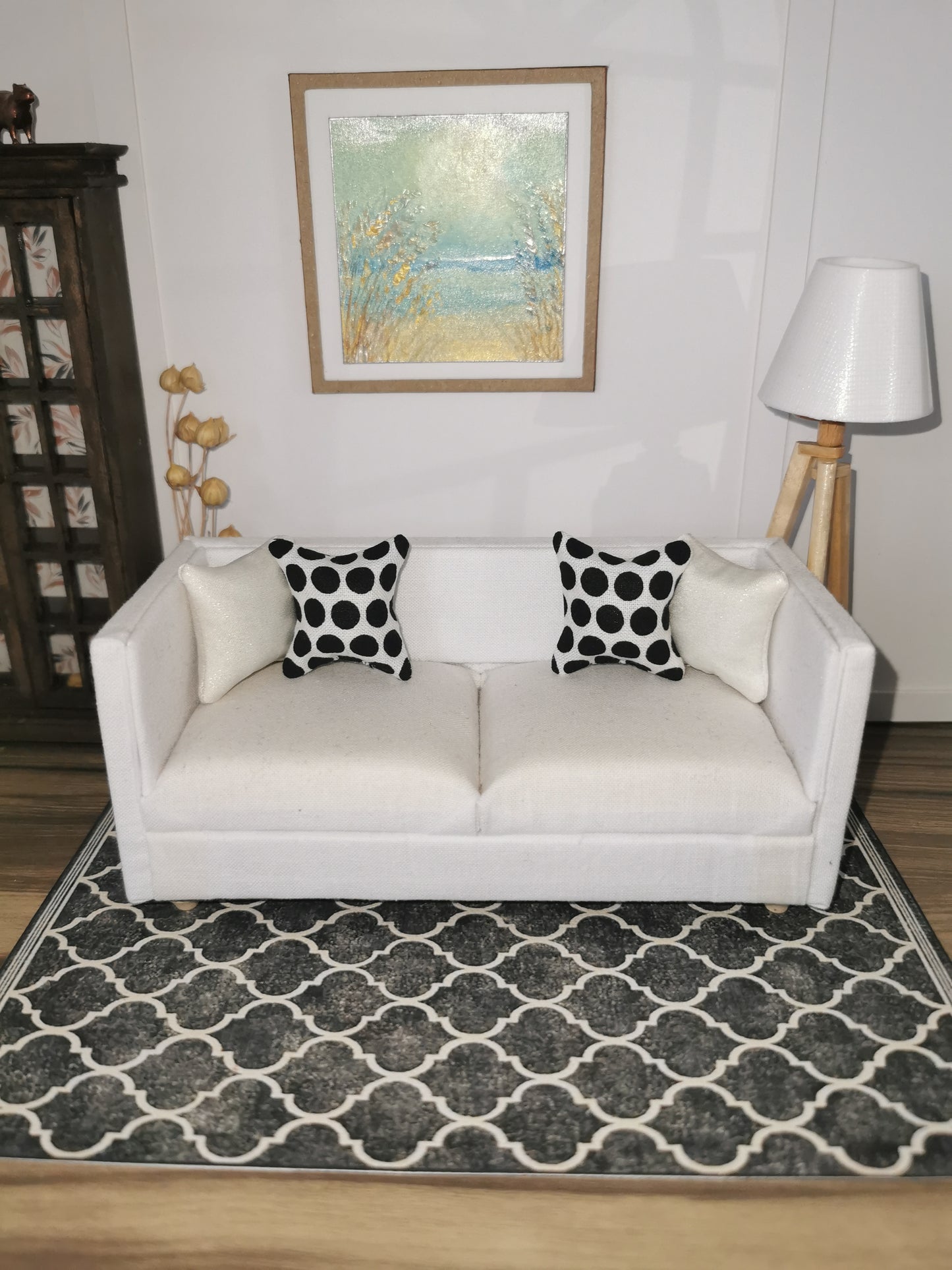 White/Black Circle Print Cushion | 1:12th Scale | Handmade