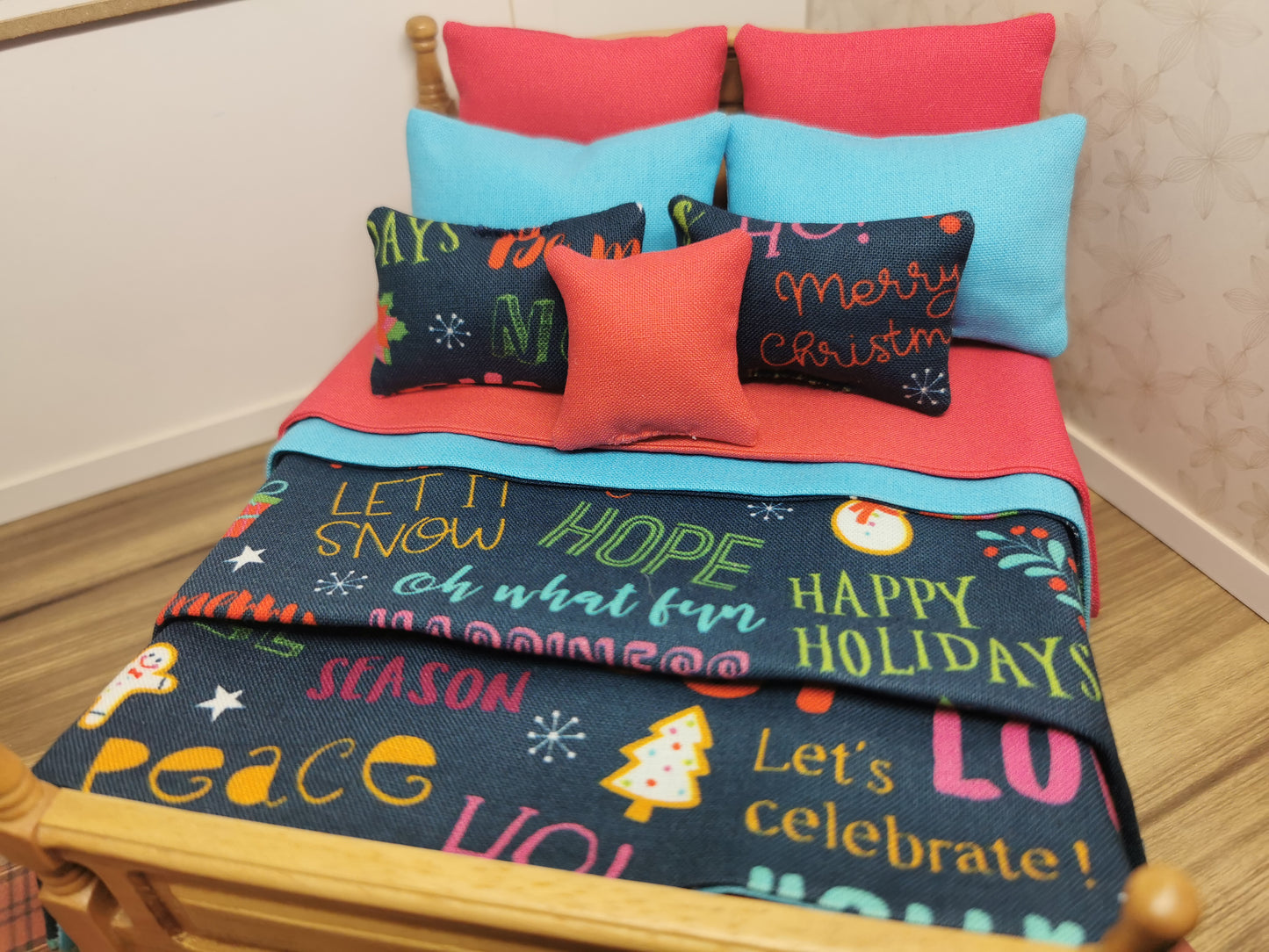 Navy Word Christmas Double Bed Linen Set | 1:12th Scale | Handmade