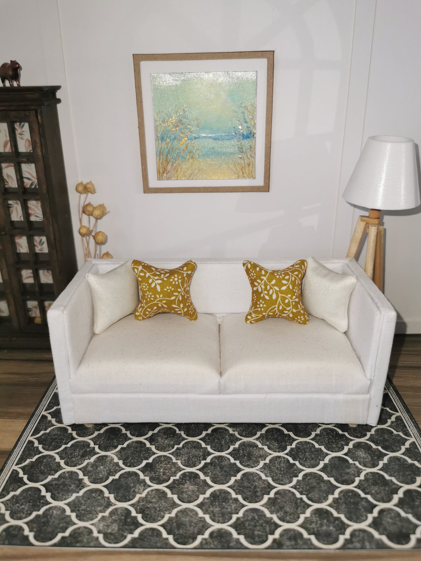 Mustard/White Vine Print Cushion | 1:12th Scale | Handmade