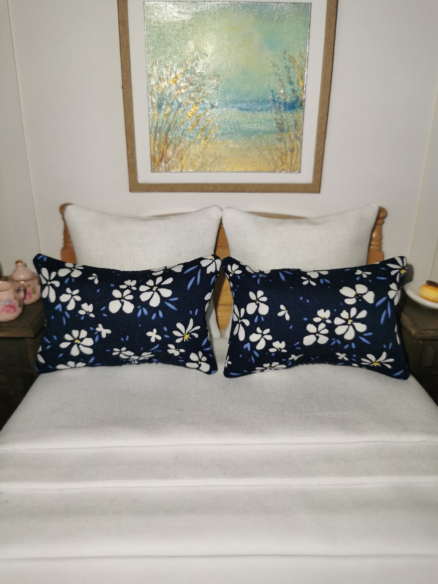 Navy/White Floral Print Pillows | Set of 2 | 1:12th Scale | Handmade