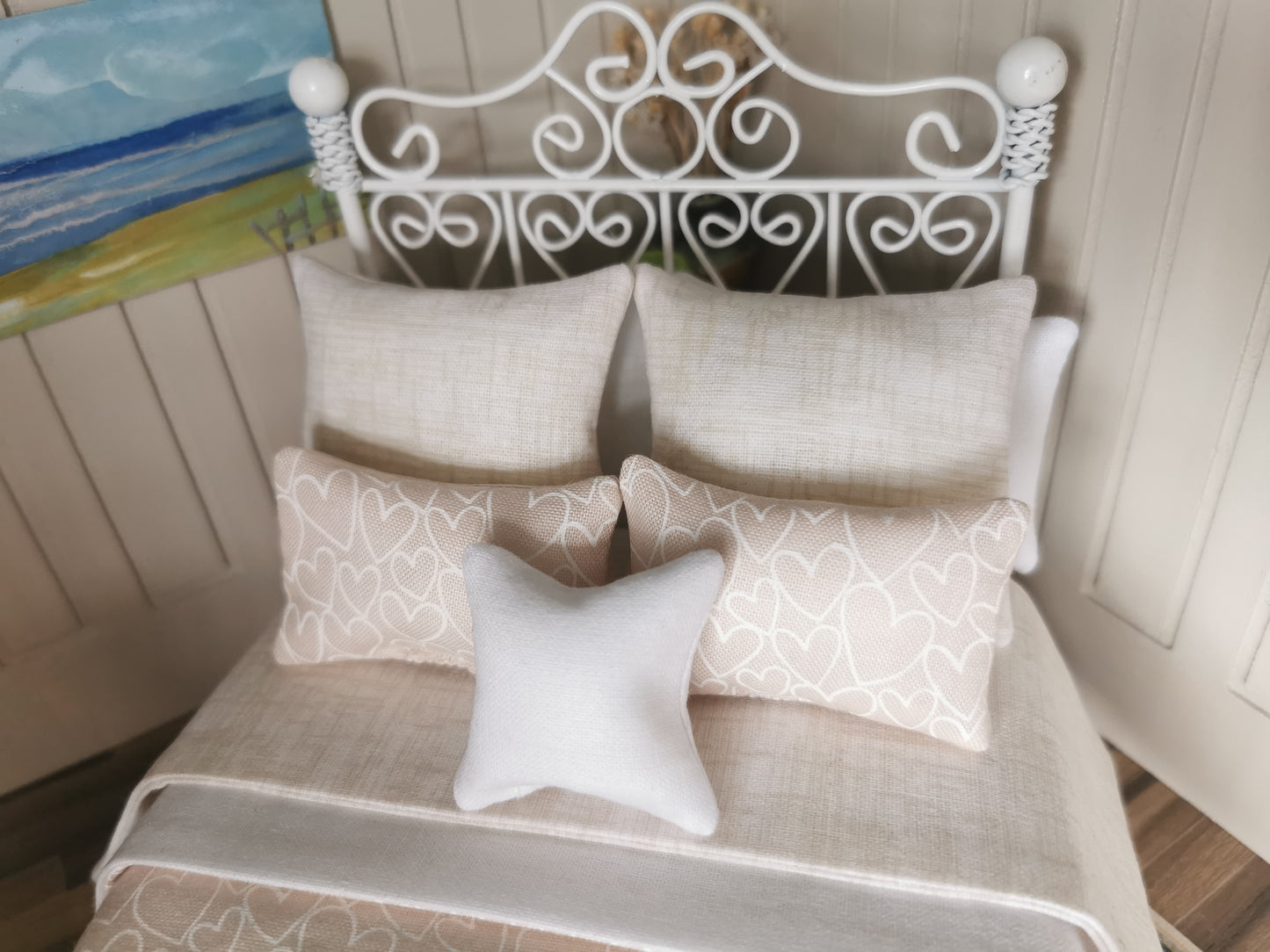 Champagne/Cream/White Heart Print Bed Linen Set | 1:12th Scale | Set of 9 | Handmade