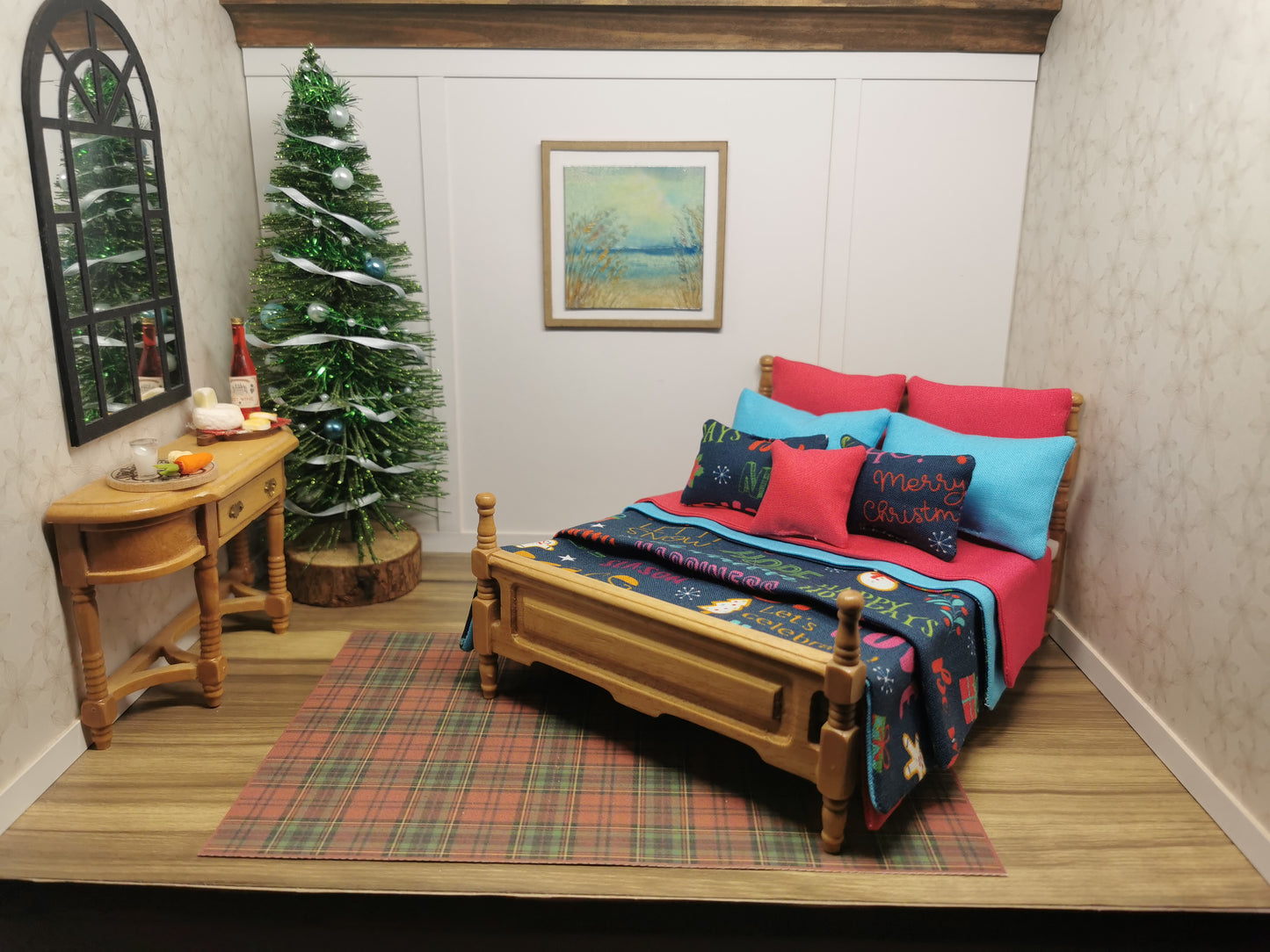 Navy Word Christmas Double Bed Linen Set | 1:12th Scale | Handmade