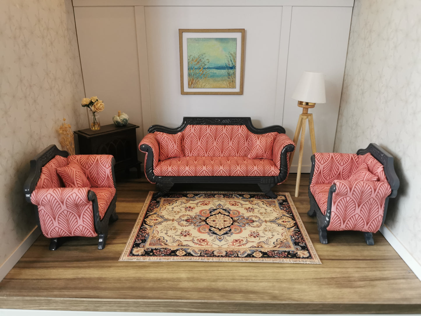 Art Deco Sofa & Chair Set in Grey & Pink | 1:12th Scale