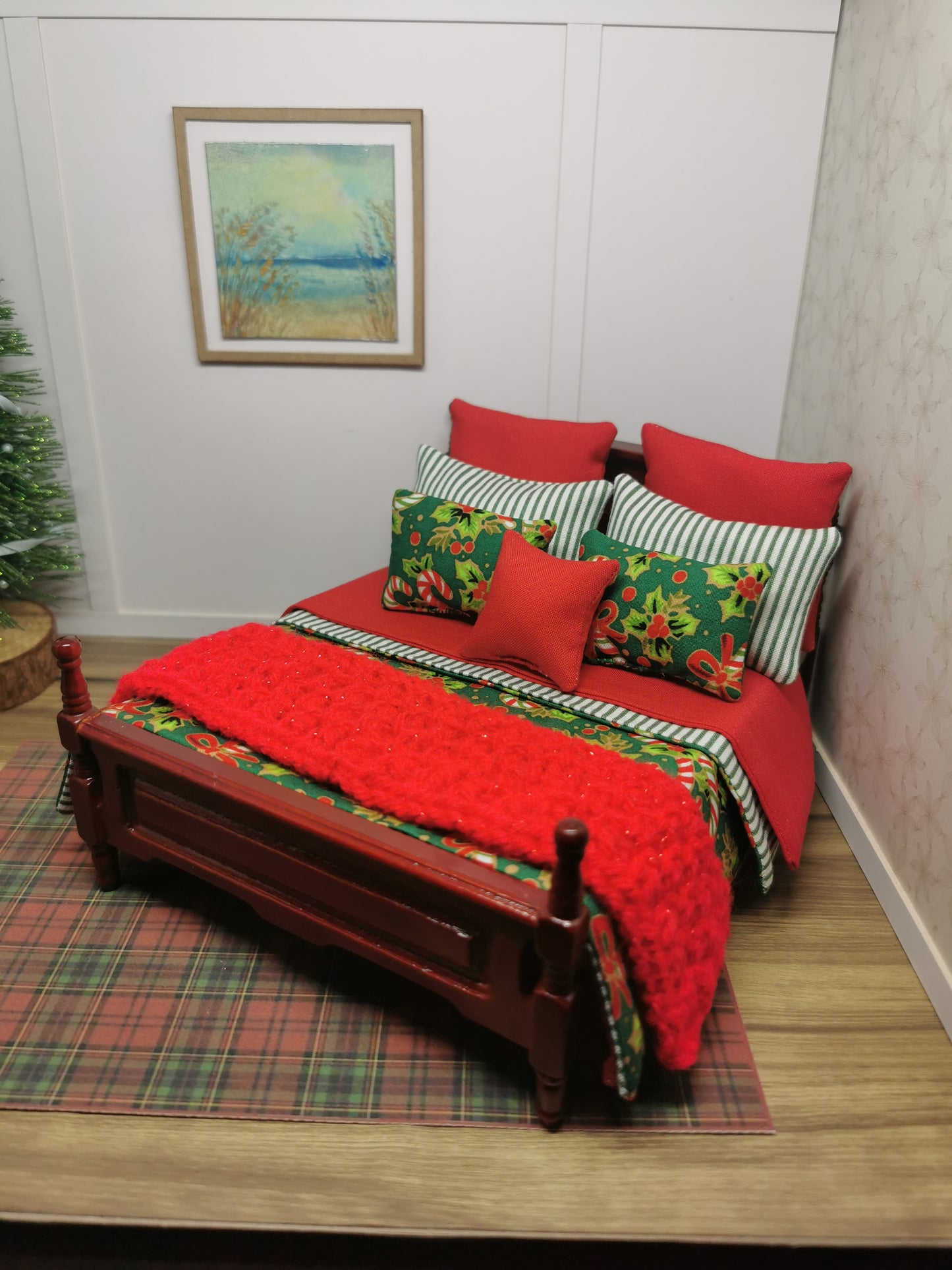 Green Candy Cane Christmas Dressed Bed | 1:12th Scale | Handmade