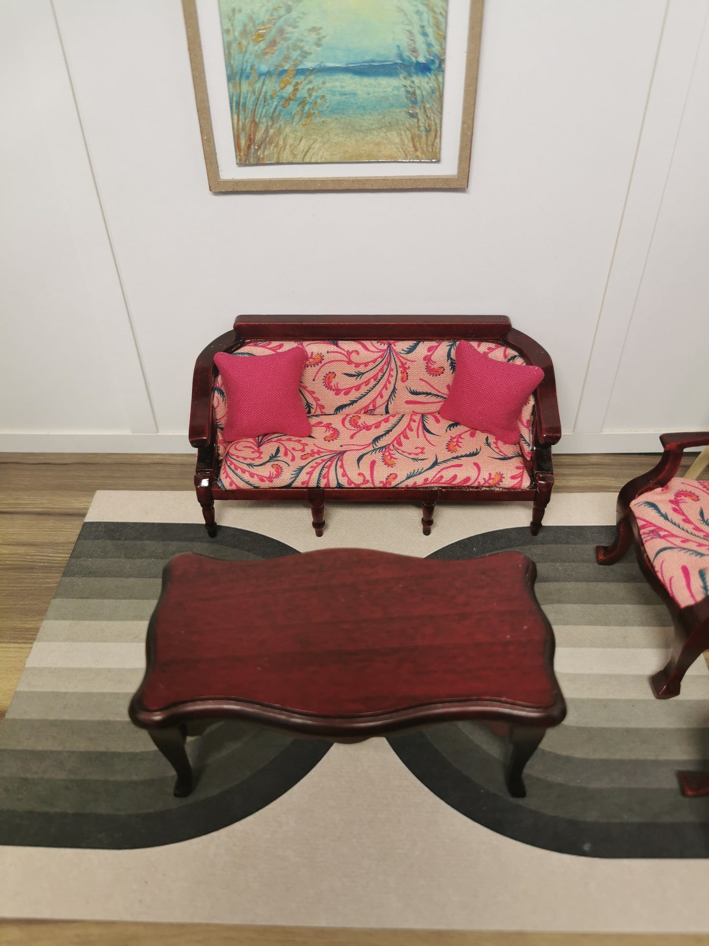 Mahogany Bench & Chairs Set in Pink Floral Print Fabric | 1:12th Scale | Hand Finished