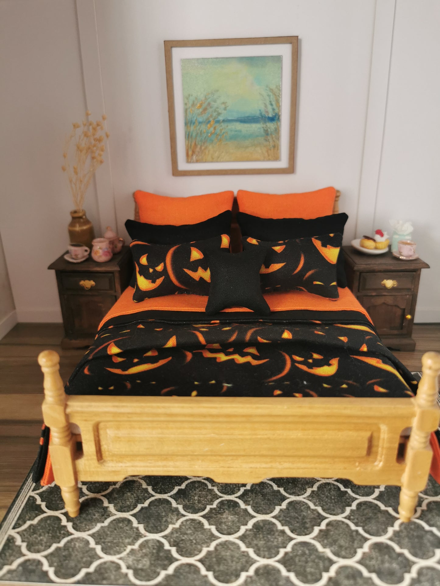 Black/Orange Halloween Print Bed Linen Set | Set of 9 | 1:12th Scale | Handmade