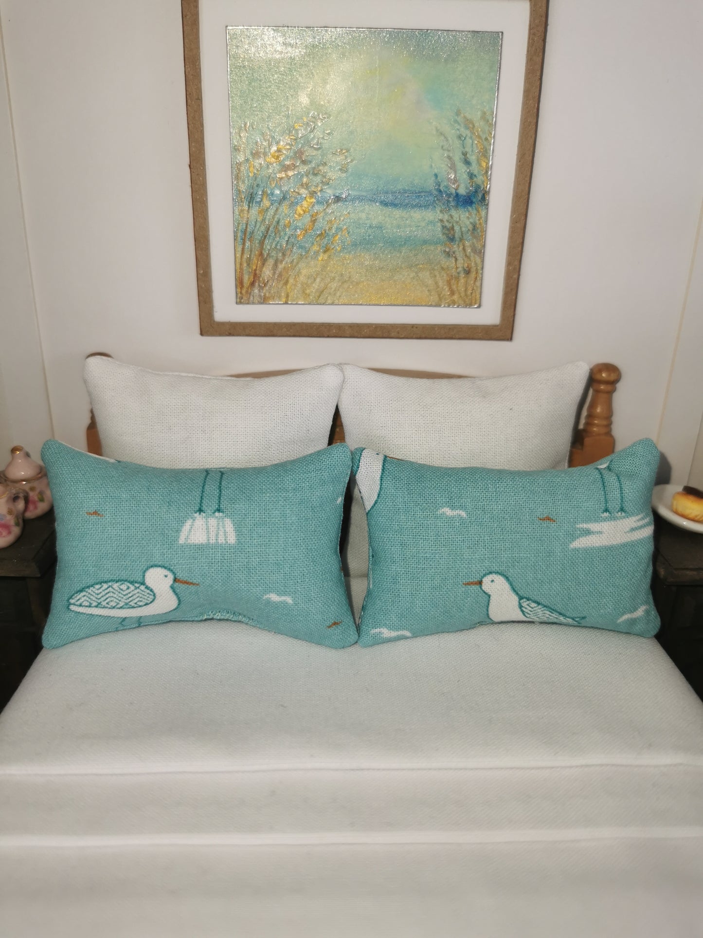 Teal Seagull Print Pillows | Set of 2 | 1:12th Scale | Handmade