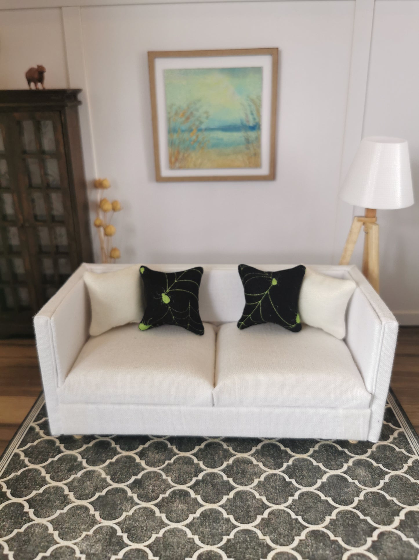 Black/Lime Green Spider Web Print Cushion | 1:12th Scale | Handmade