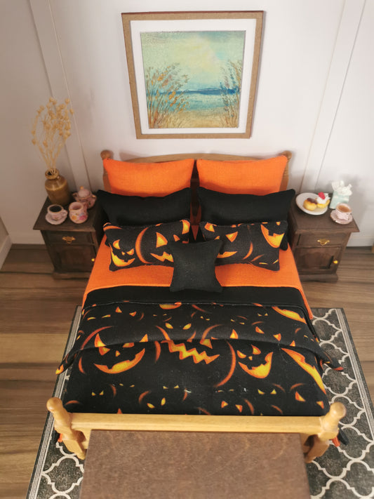 Black/Orange Halloween Print Bed Linen Set | Set of 9 | 1:12th Scale | Handmade