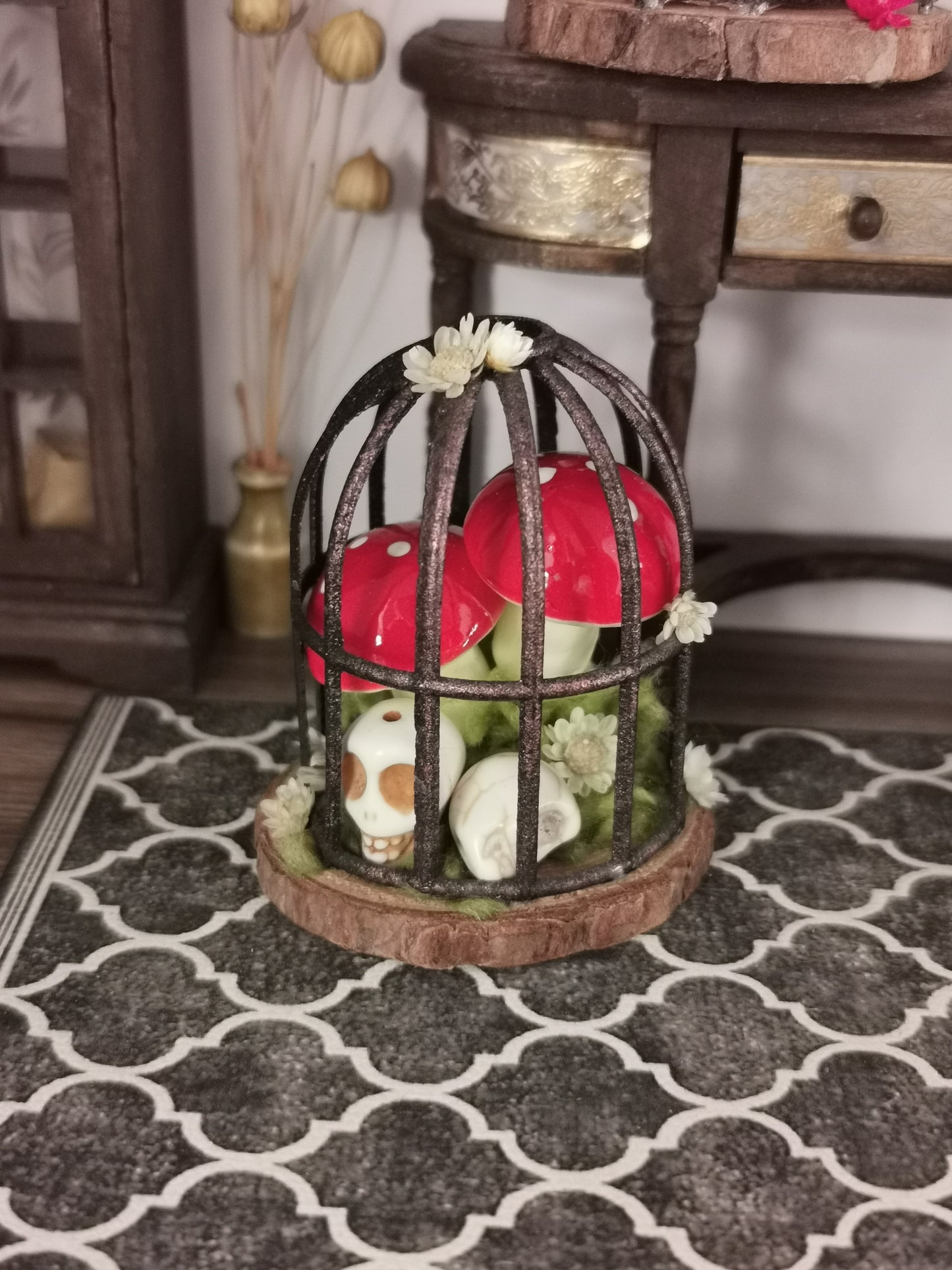 Spooky Birdcage with Mushrooms & Skulls | 1:12th Scale | Handmade & Hand Finished