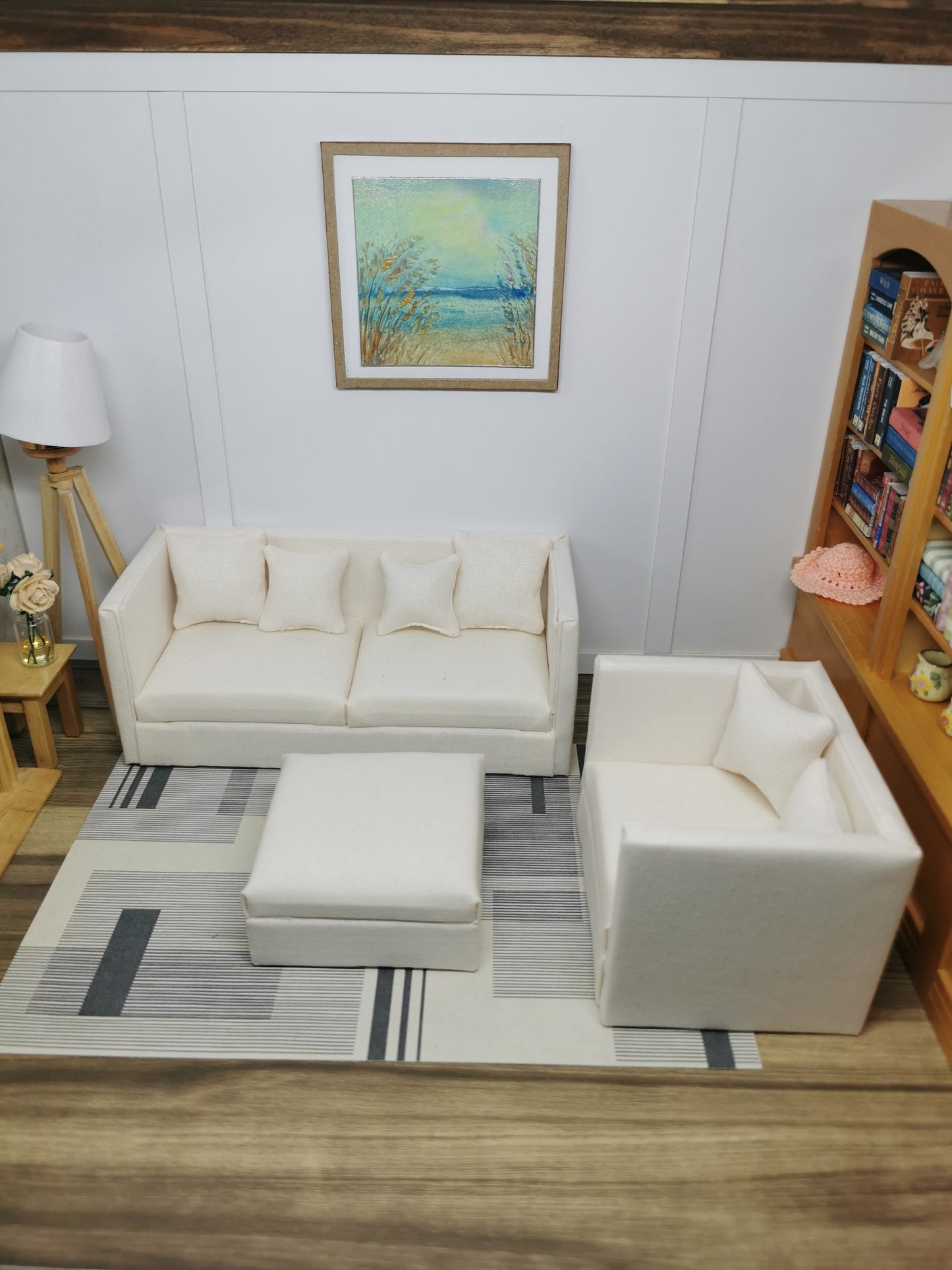 2 Seater Sofa, Chair & Ottoman Set | 1:12th Scale | Made To Order | Cushions/Pillows included | Handmade