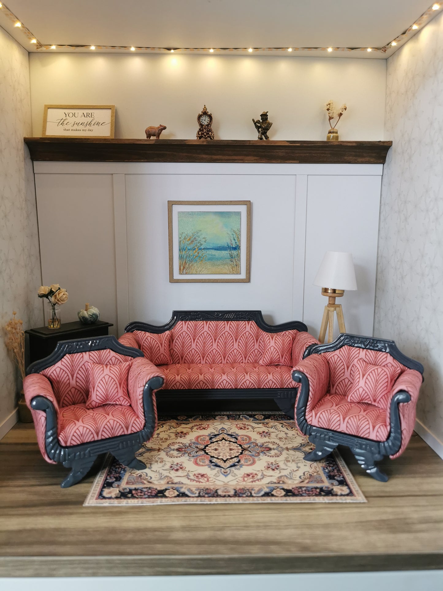 Art Deco Sofa & Chair Set in Grey & Pink | 1:12th Scale