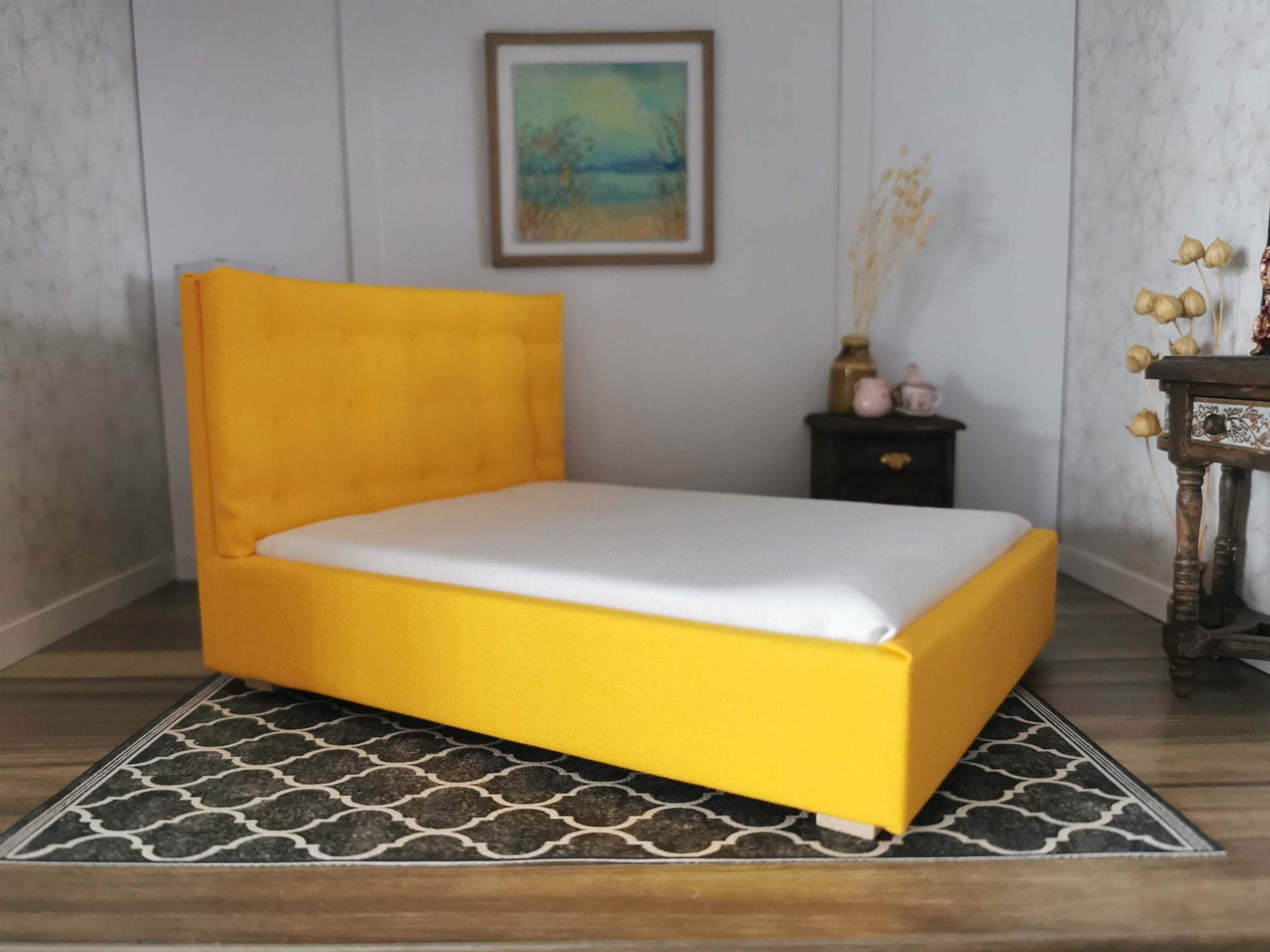 Double Bed with Tufted Headboard | 1:12th Scale | Made To Order | Handmade - ZJ Miniatures 