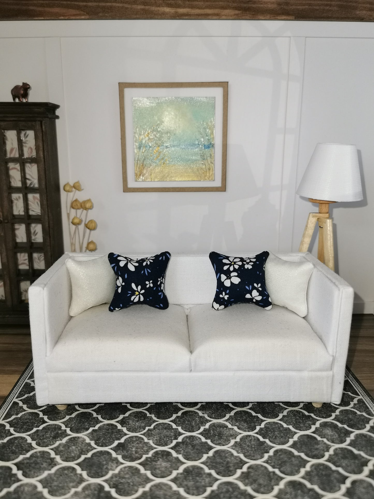 Navy/White Floral Print Cushion | 1:12th Scale | Handmade