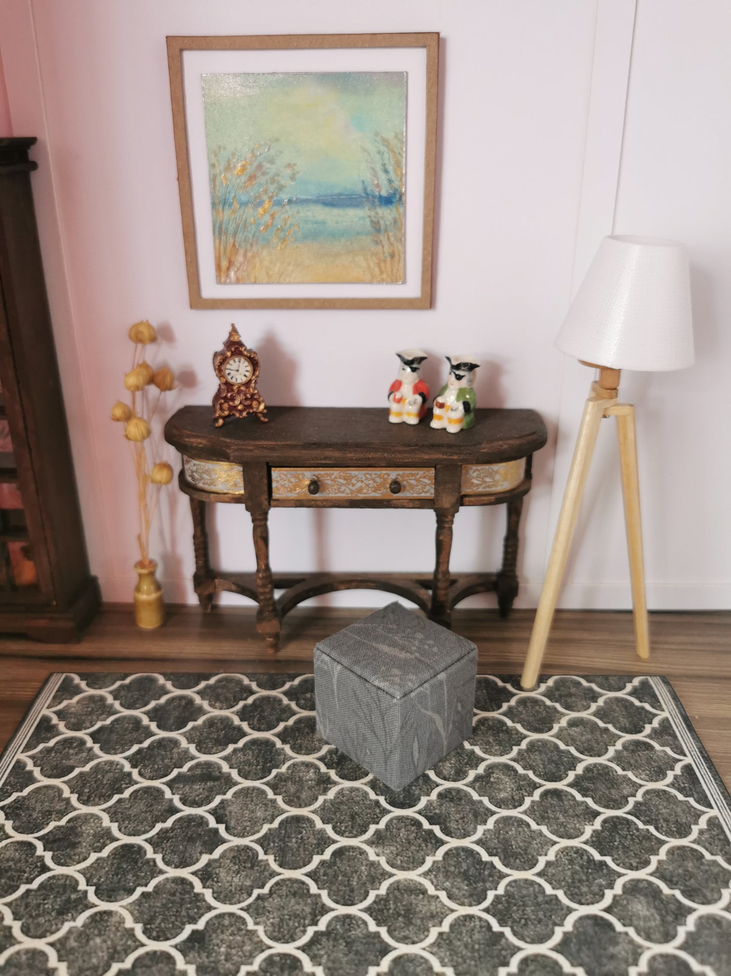 Grey Leaf Print Cube Foot Stool | 1:12th Scale | Hand Finished